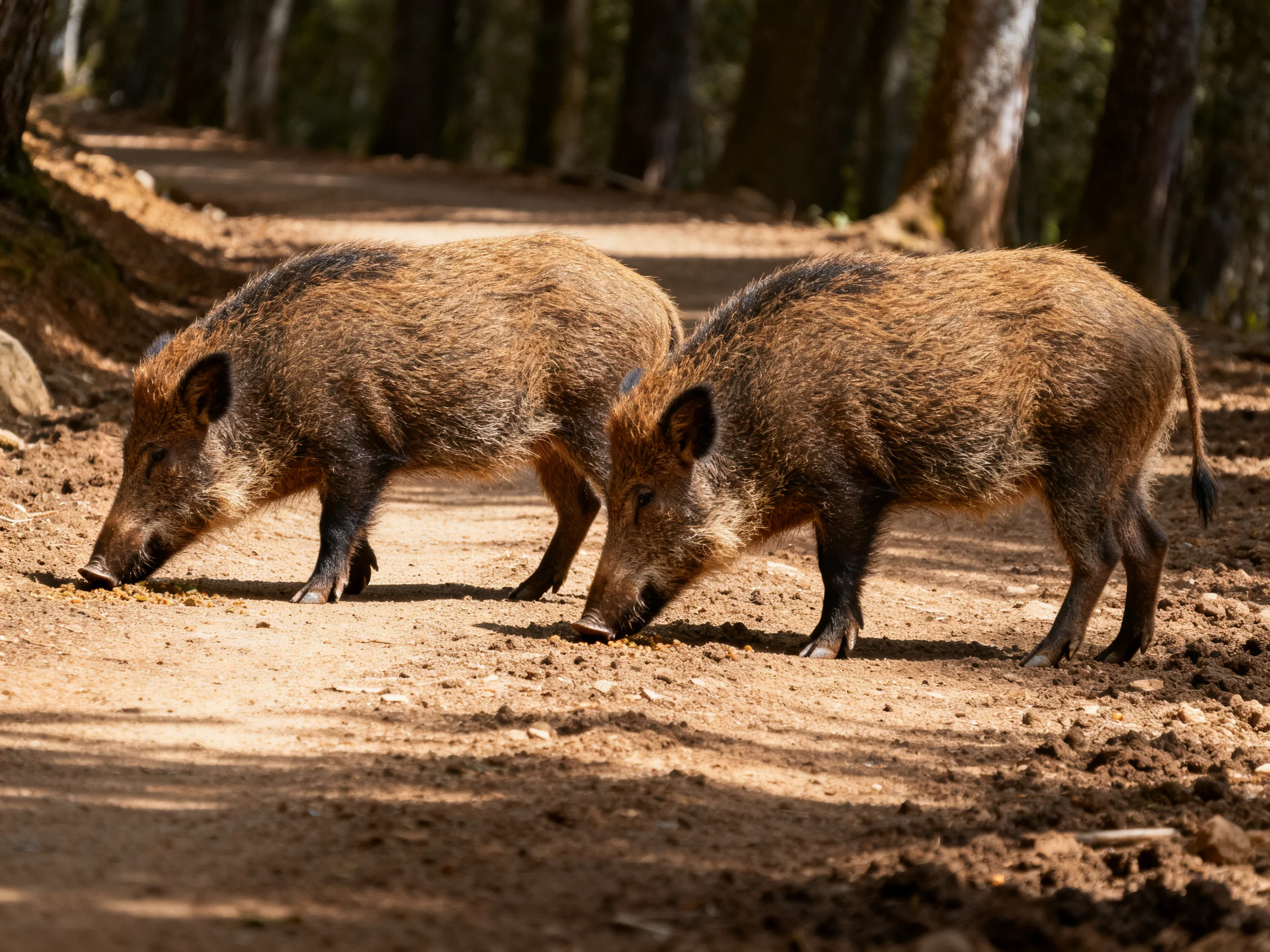 Two brown boars forage on a sunlit forest path