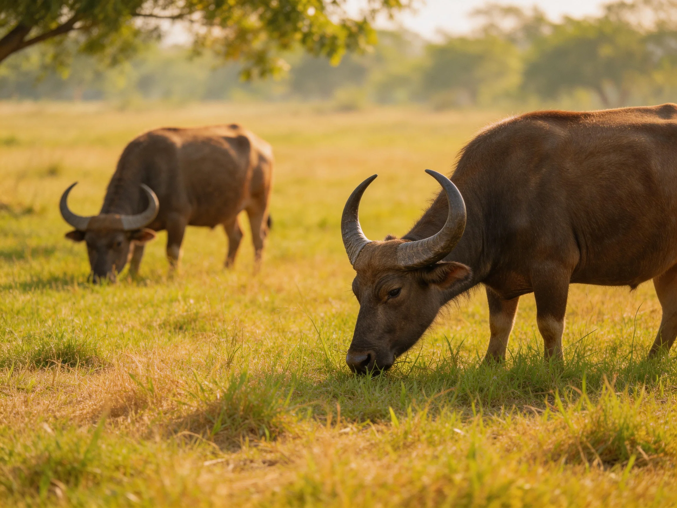 Two brown buffaloes graze in a sunlit open grassy field