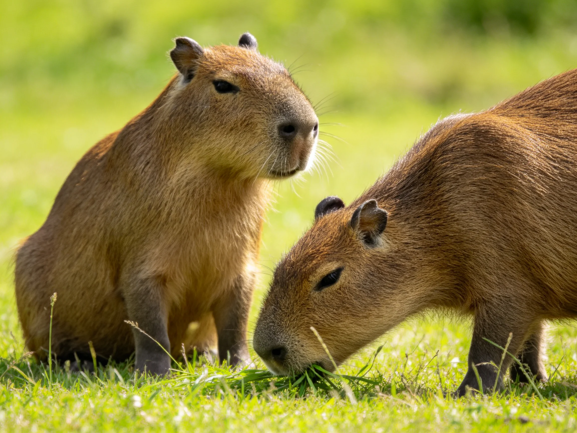 Two brown capybaras interact on vibrant green grass