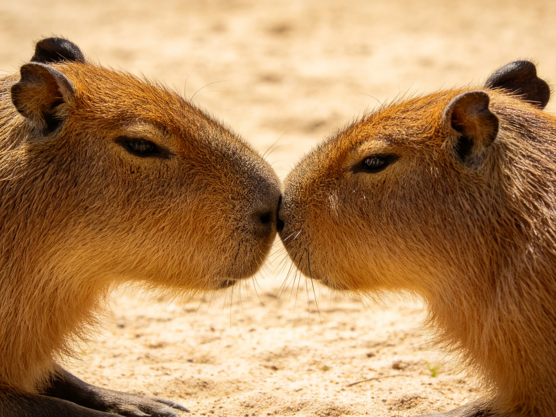 Two brown capybaras nuzzling closely on sandy terrain