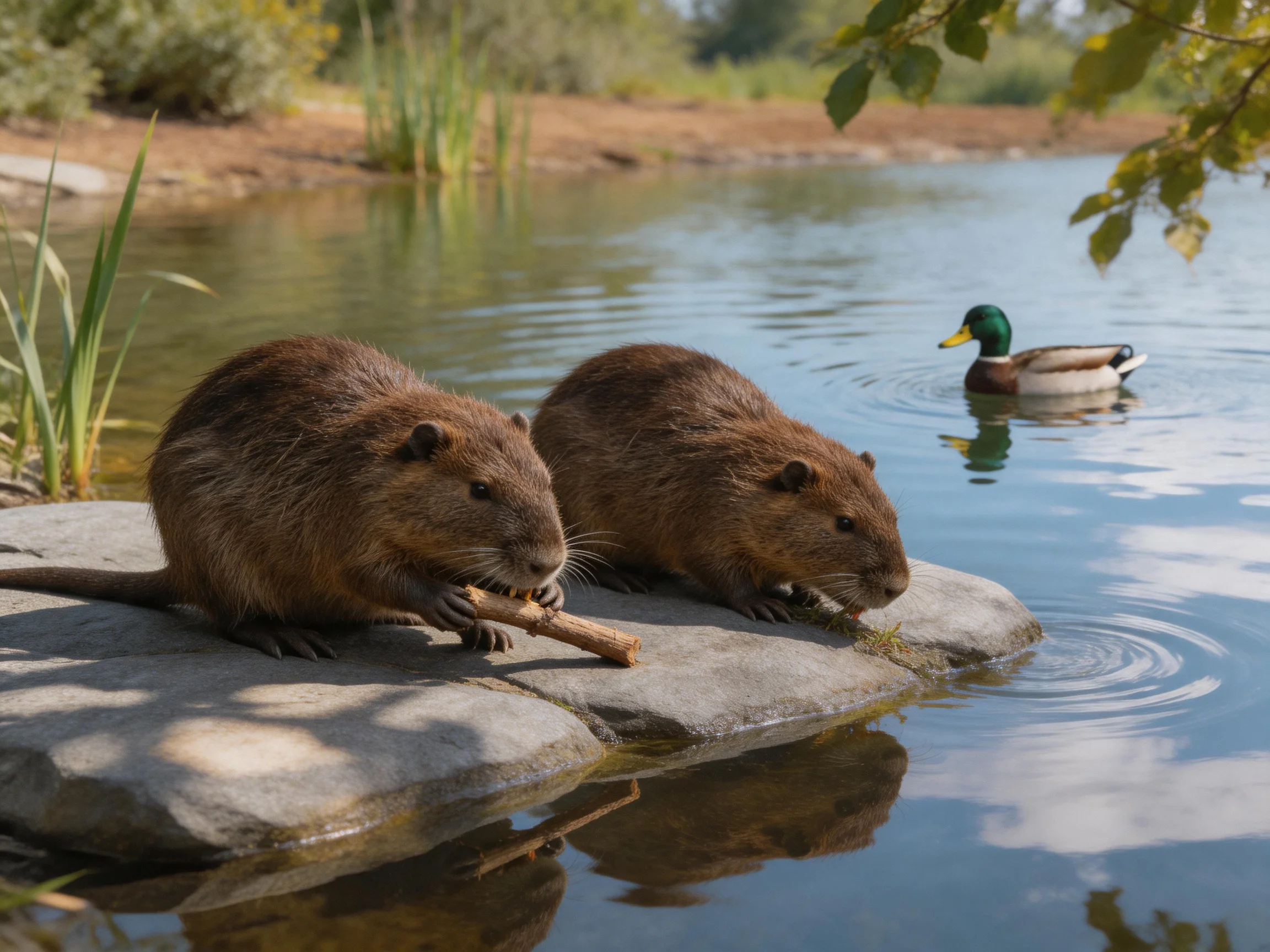 Two brown capybaras rest by water with a green-headed duck swimming