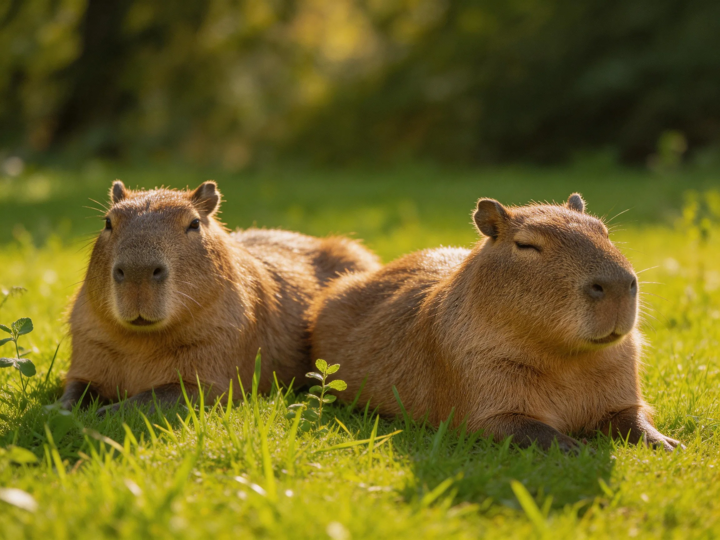 Two brown capybaras rest on lush green grass under warm sunlight