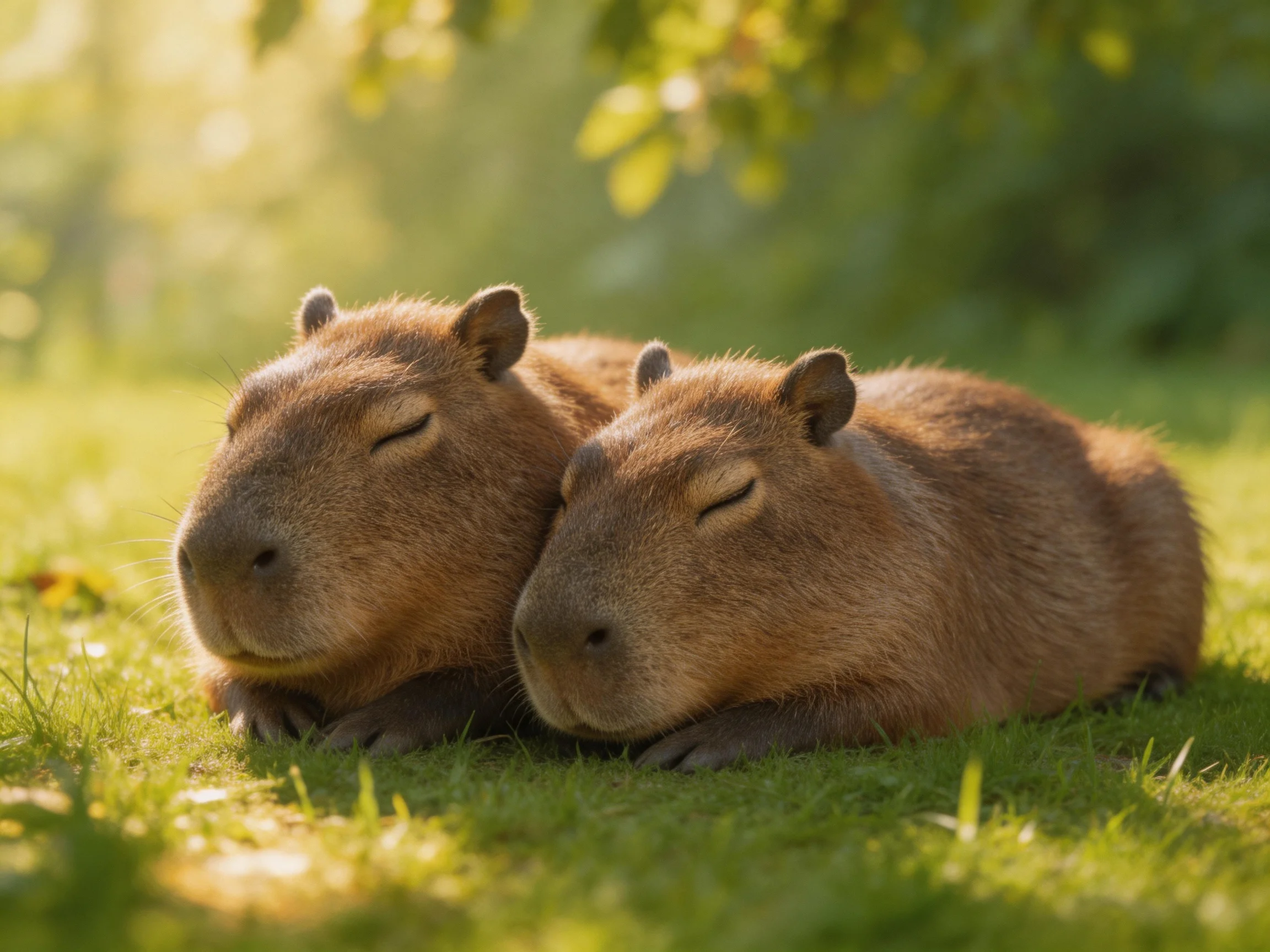 Two brown capybaras rest peacefully on sun-dappled green grass
