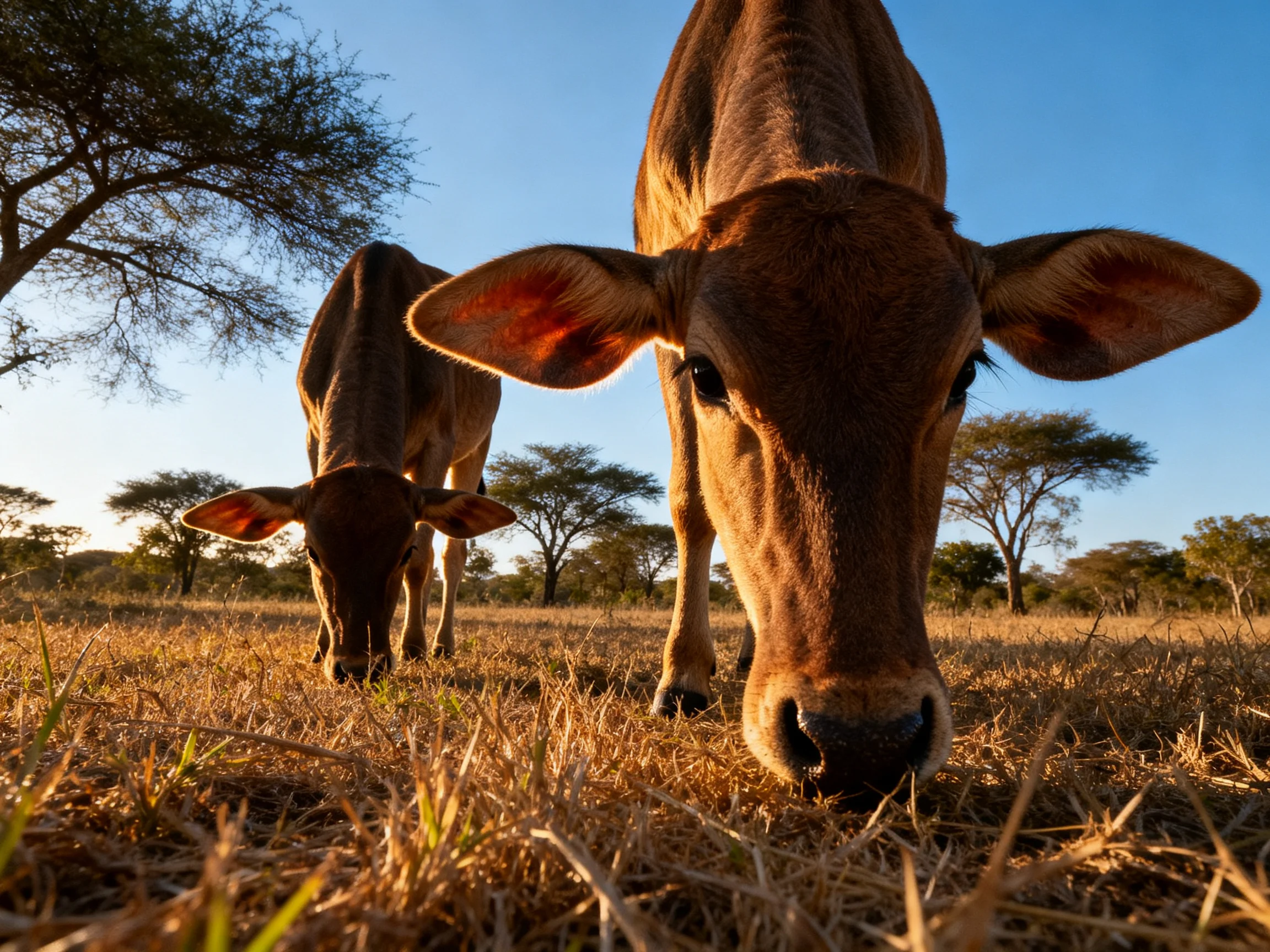 Two brown cattle graze in a sunlit savannah field.