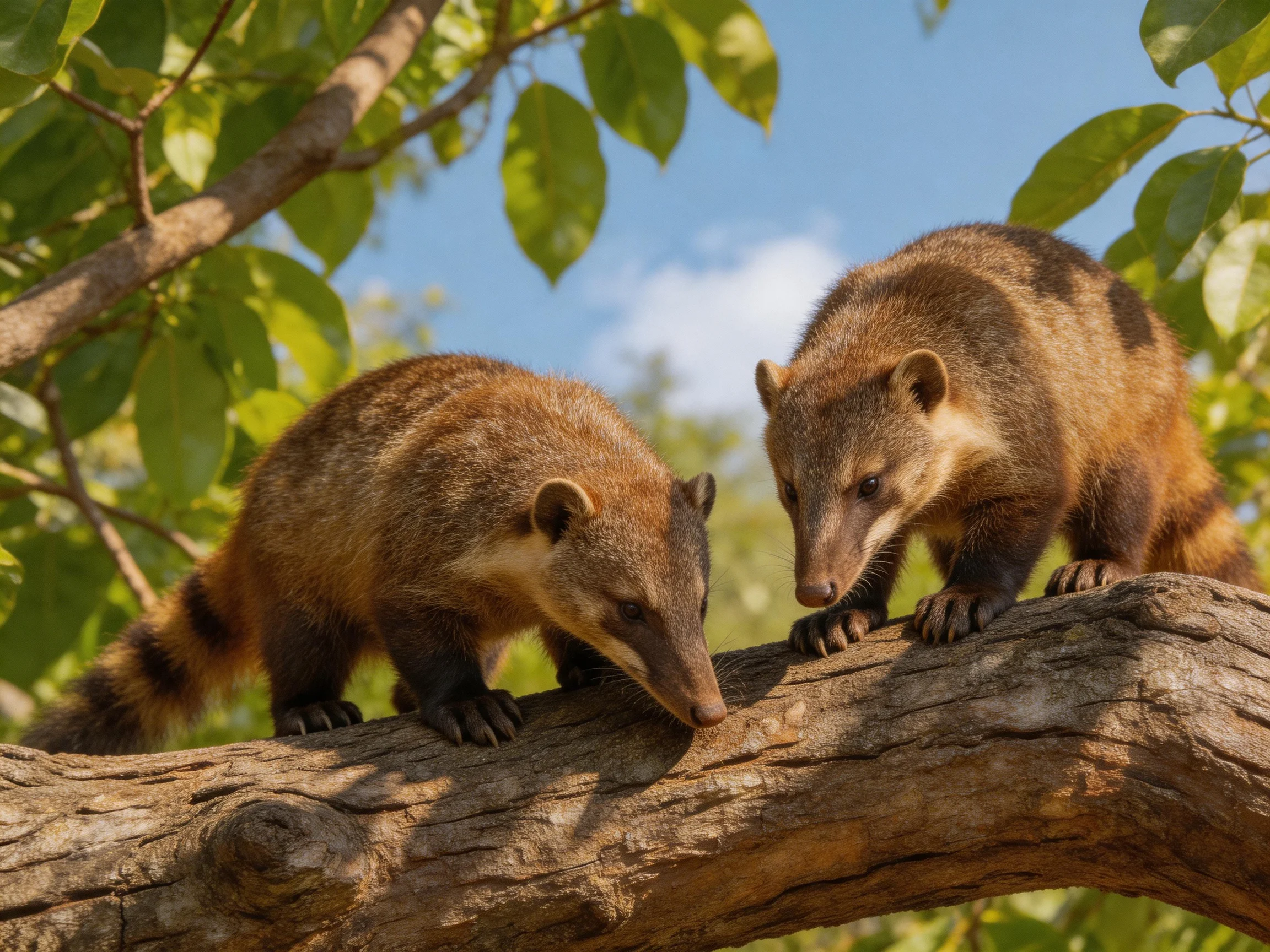 Two brown-coated mammals explore a gnarled tree branch among dense greenery