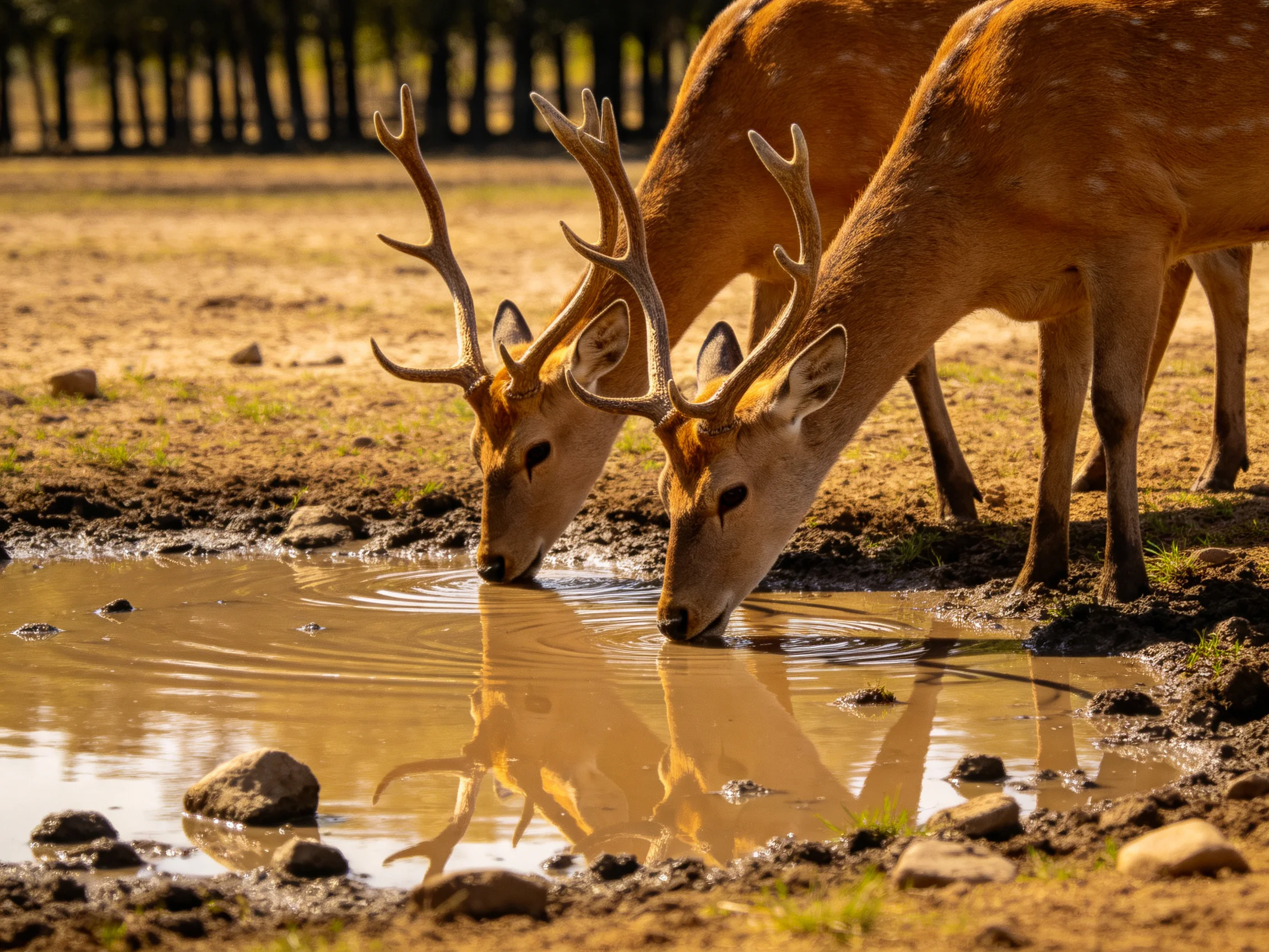 Two brown deer drink from a shallow, muddy waterhole near trees