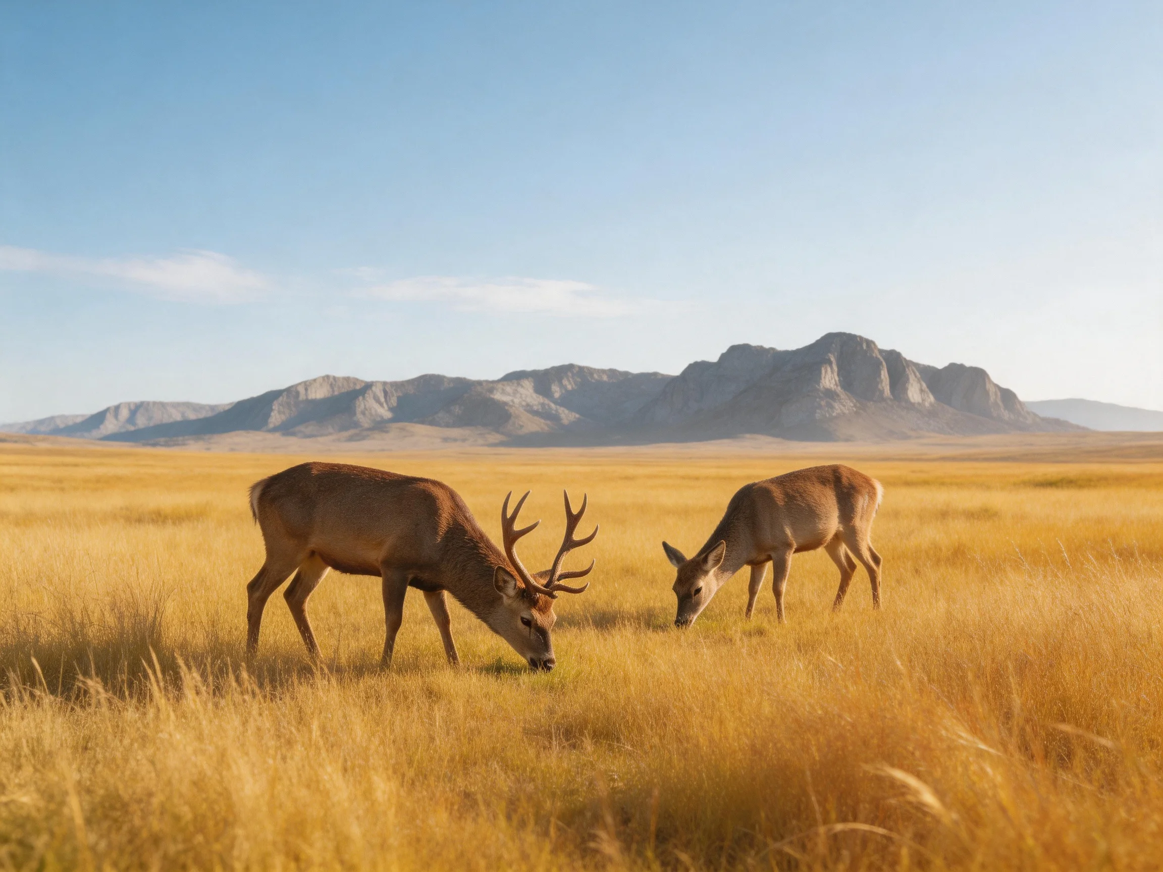 Two deer graze in a golden field with distant rocky mountains.