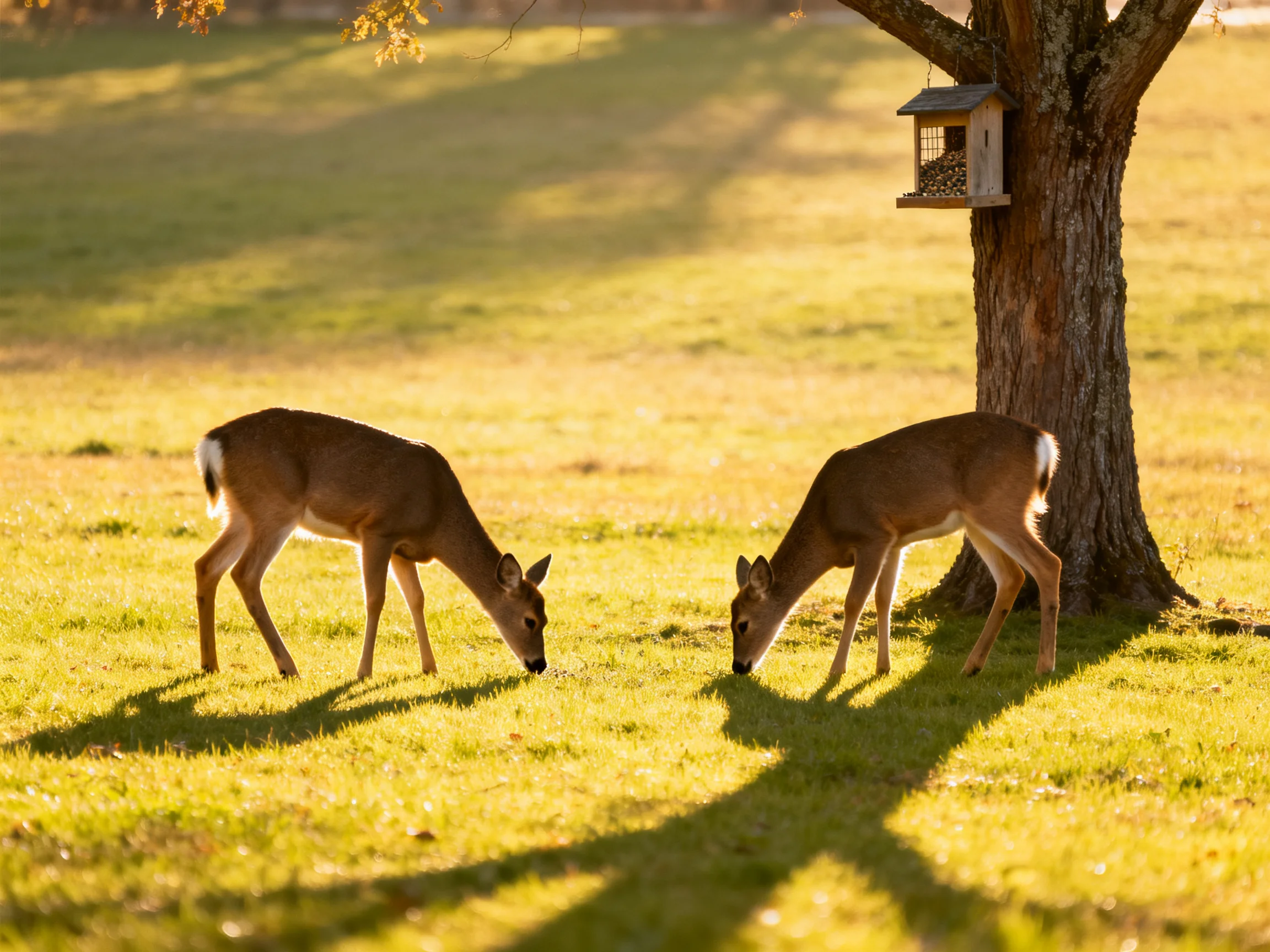Two brown deer graze near a large tree with a wooden birdhouse