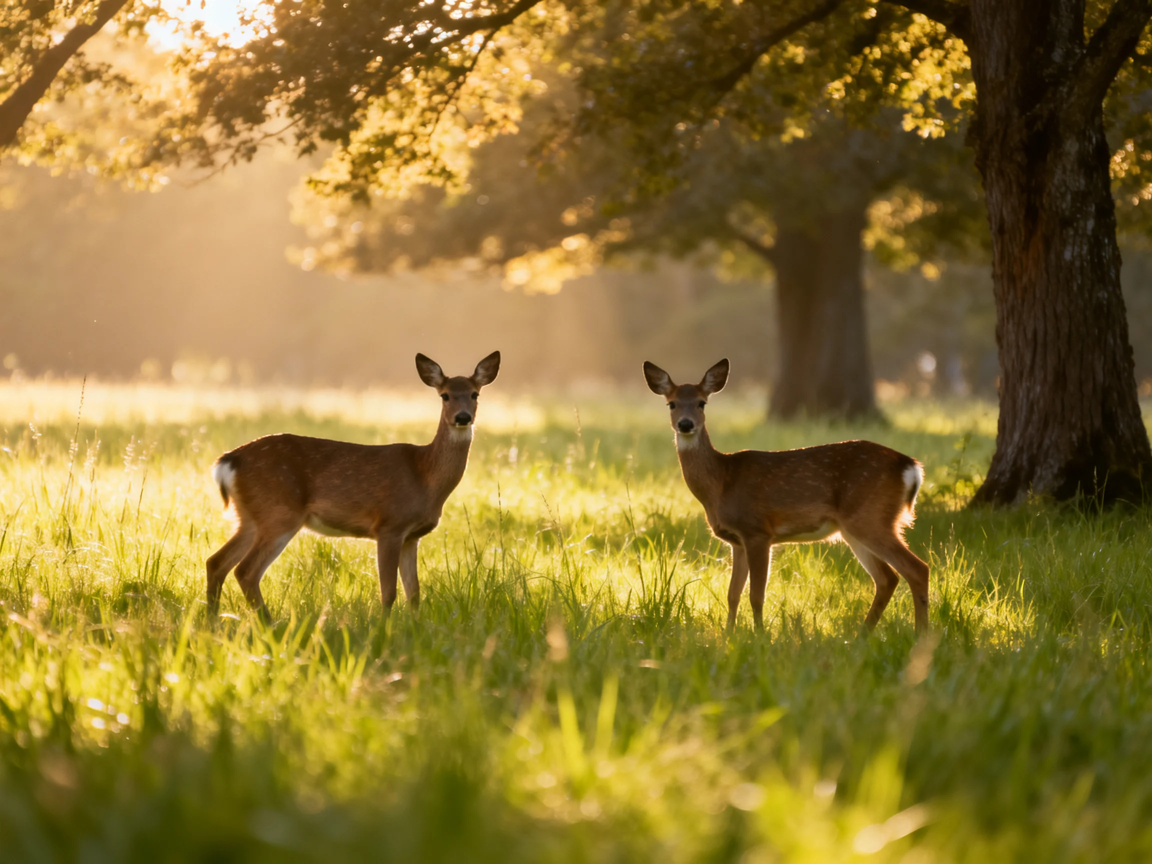 Two brown deer stand in a sunlit meadow near large trees.