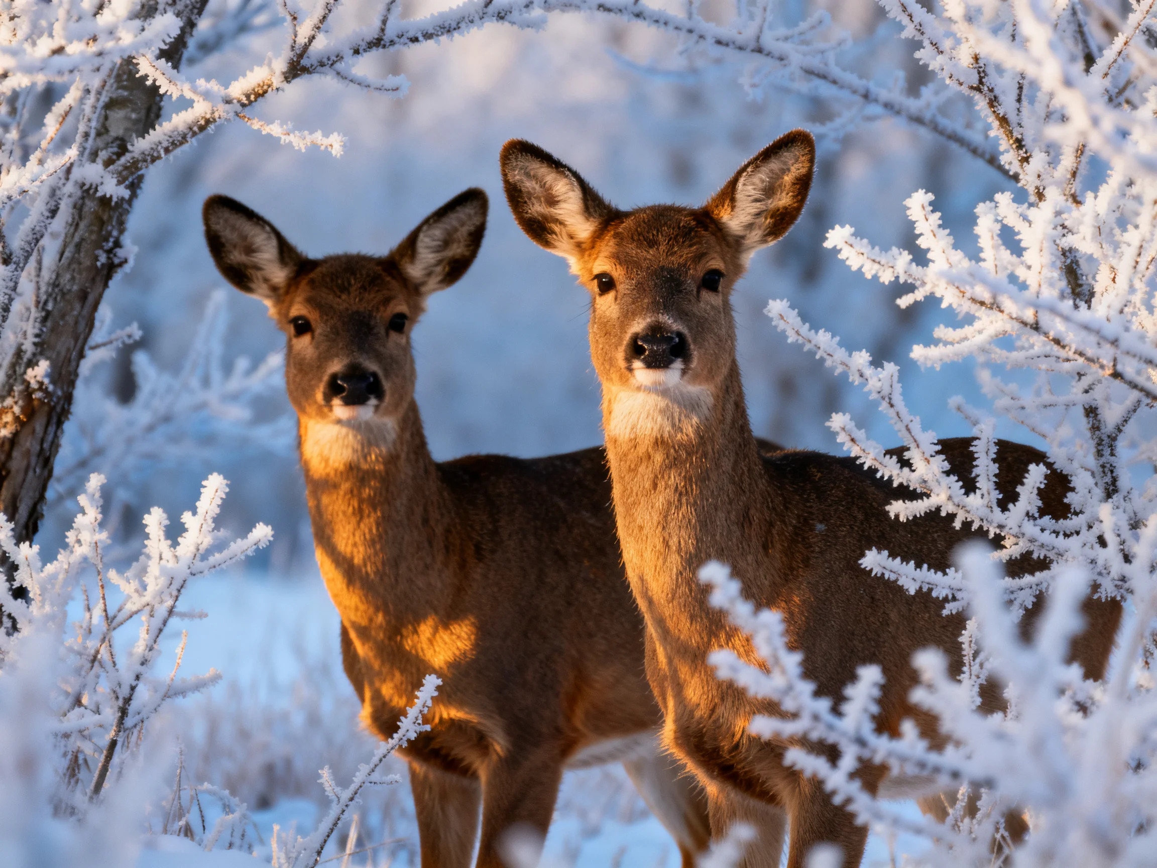 Two brown deer in frosty winter landscape with snow-covered trees