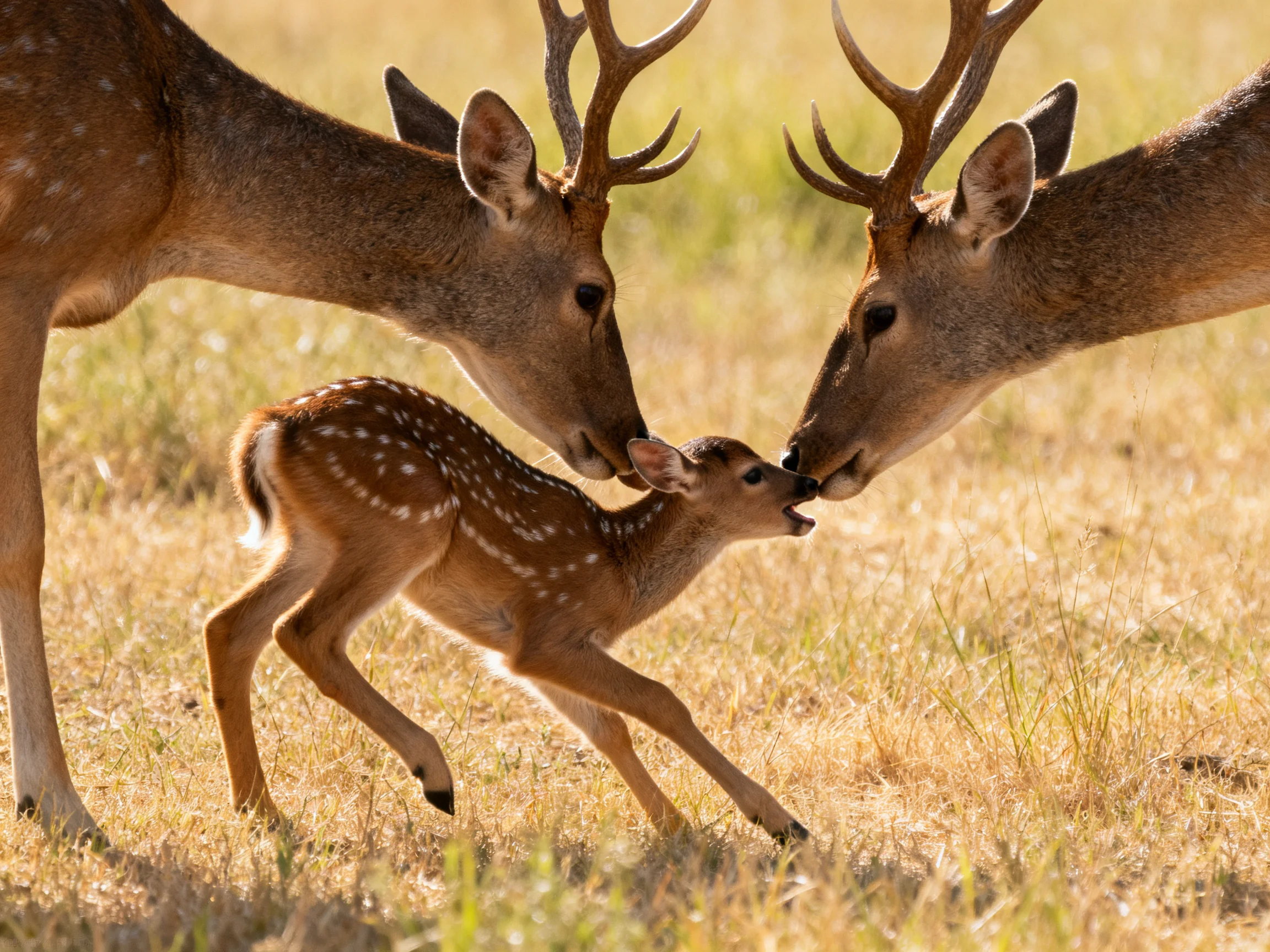 Two brown deer nuzzle a spotted fawn in golden grass