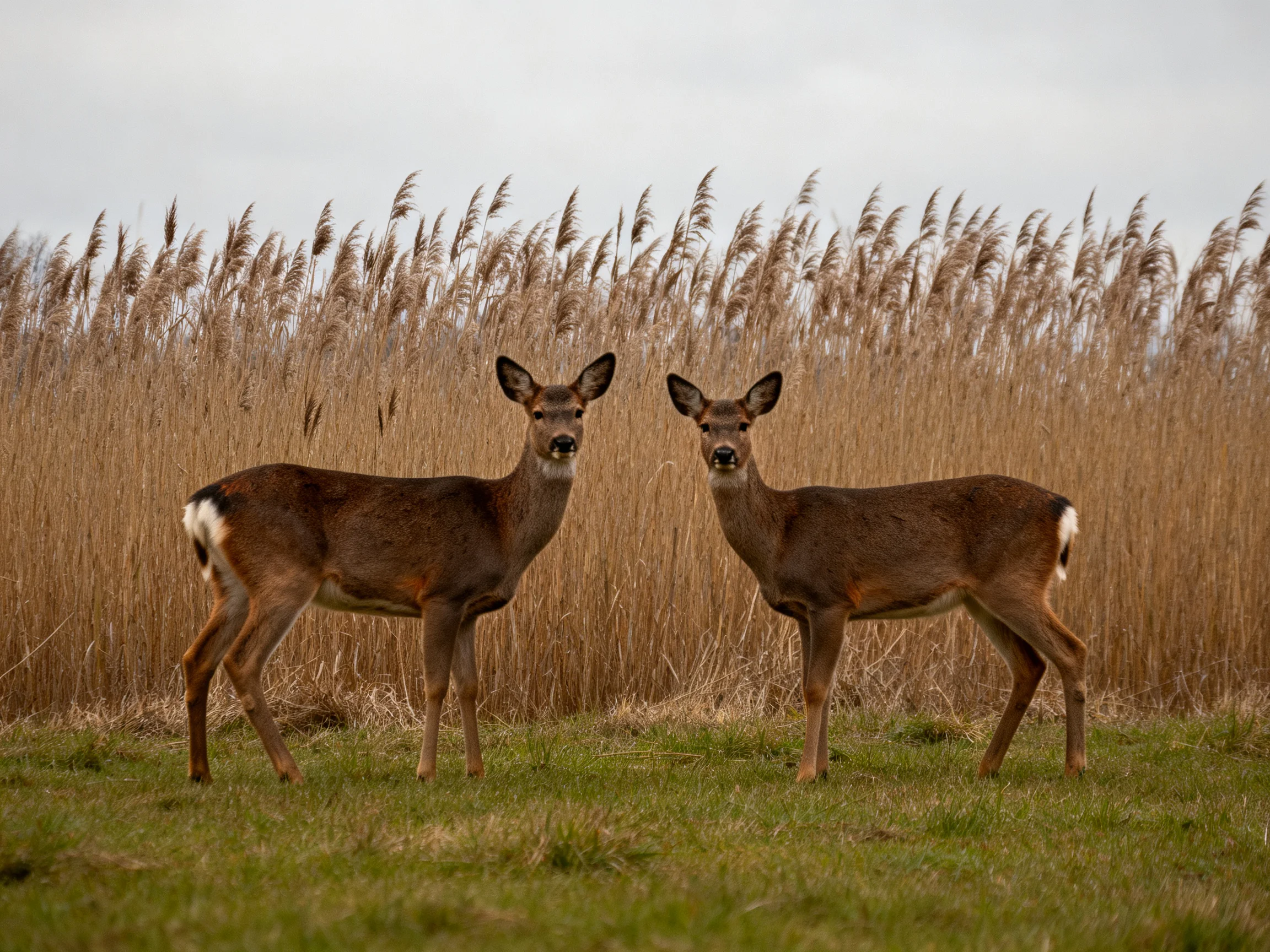 Two brown deer stand in front of tall golden reeds.