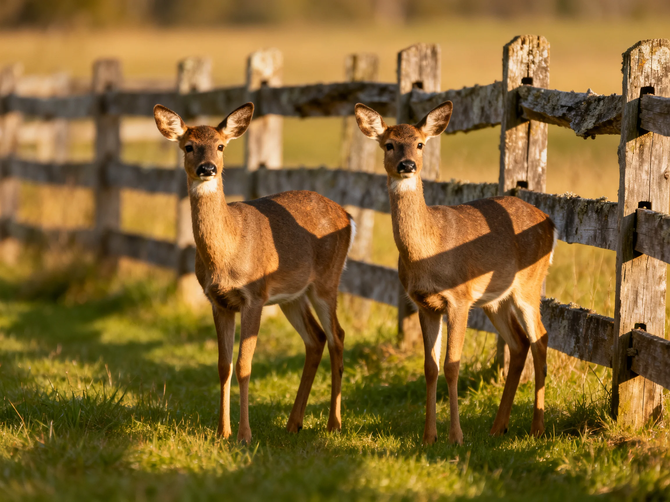Two brown deer stand by an aged wooden fence in a sunlit meadow.