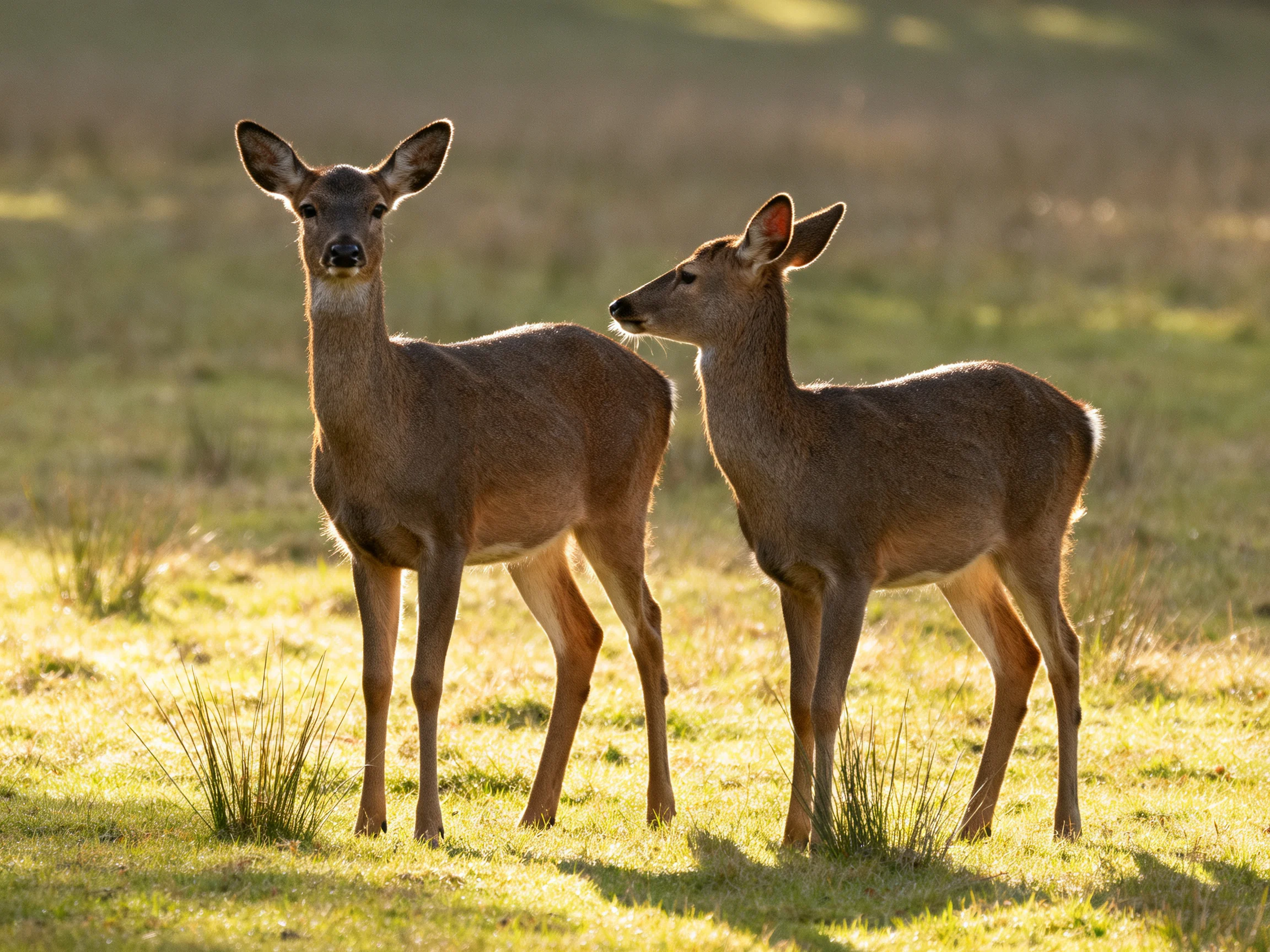Two brown deer stand together in a sunlit grassy area.