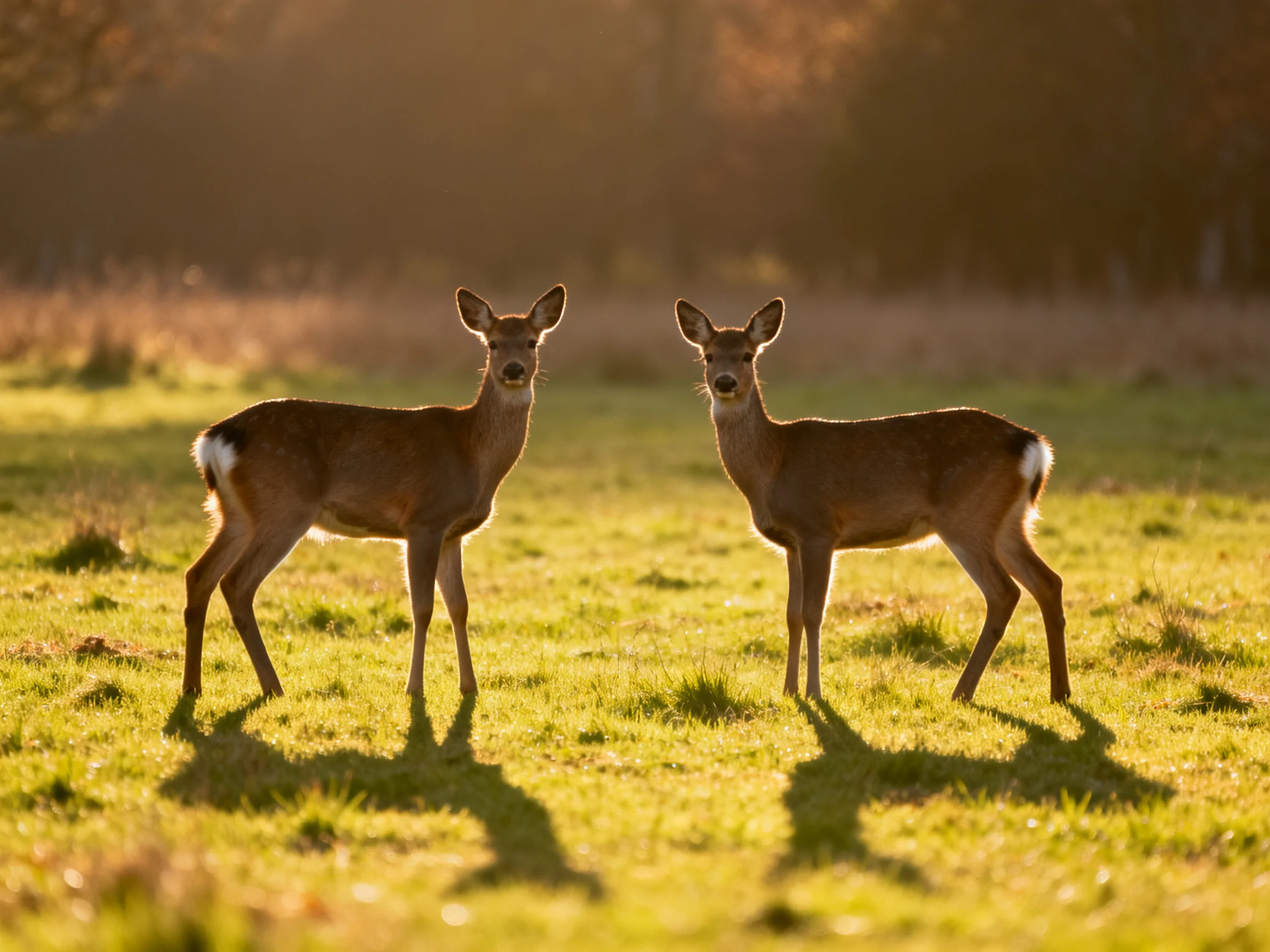 Two deer stand together in a sunlit grassy area with long shadows