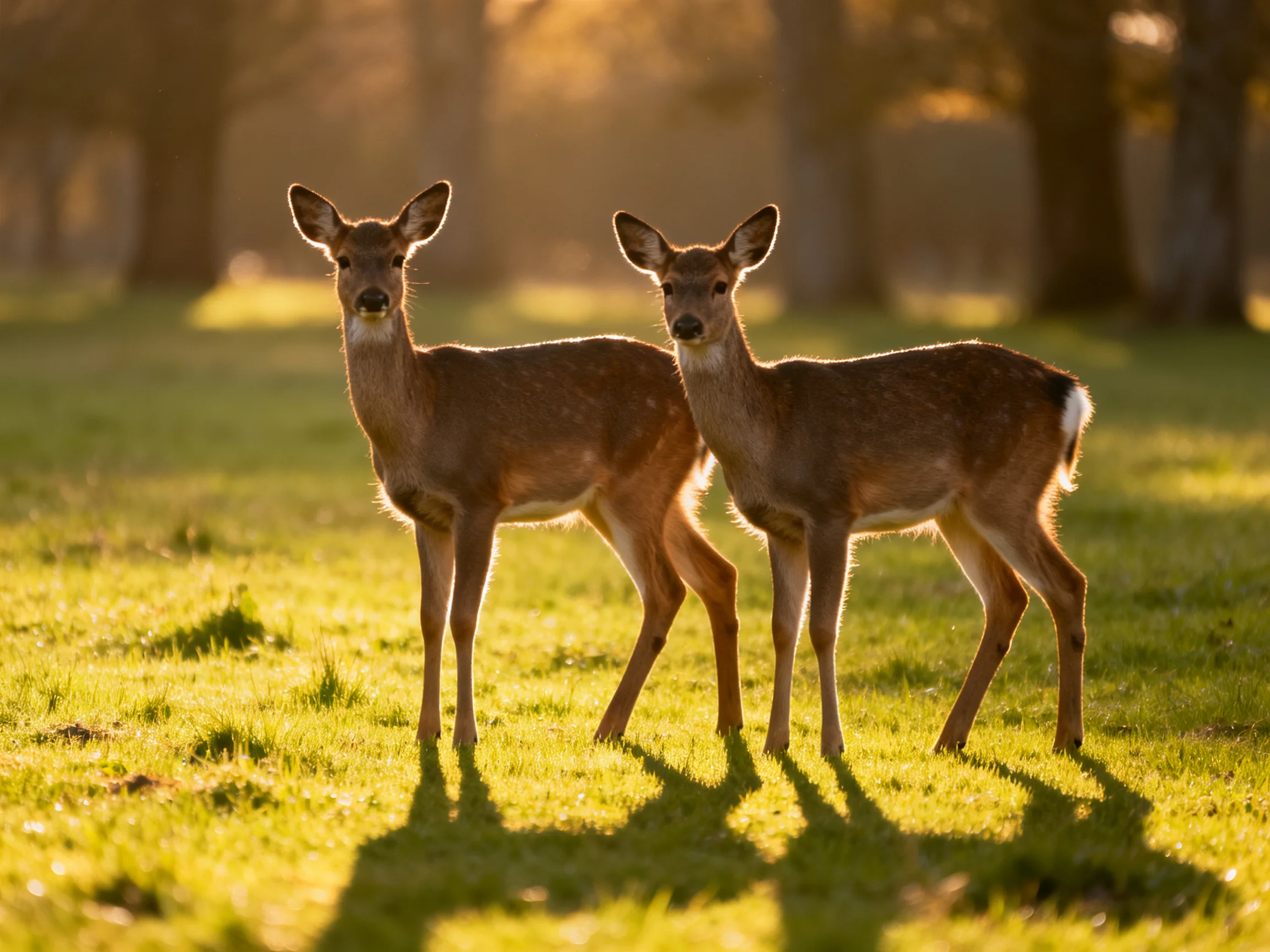 Two deer stand together in a sunlit meadow with trees in the background.