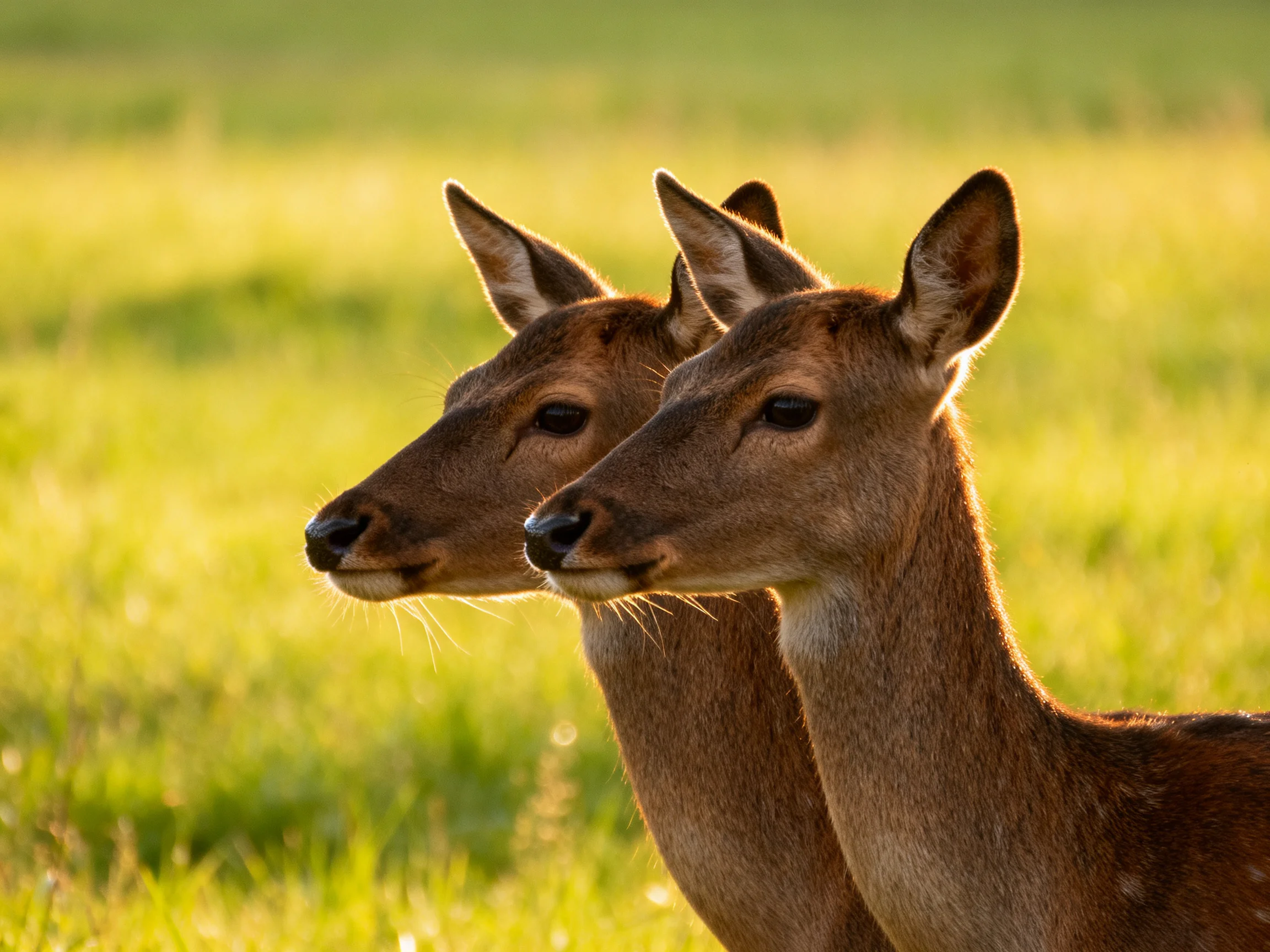 Two brown deer stand side by side in a sunlit green meadow