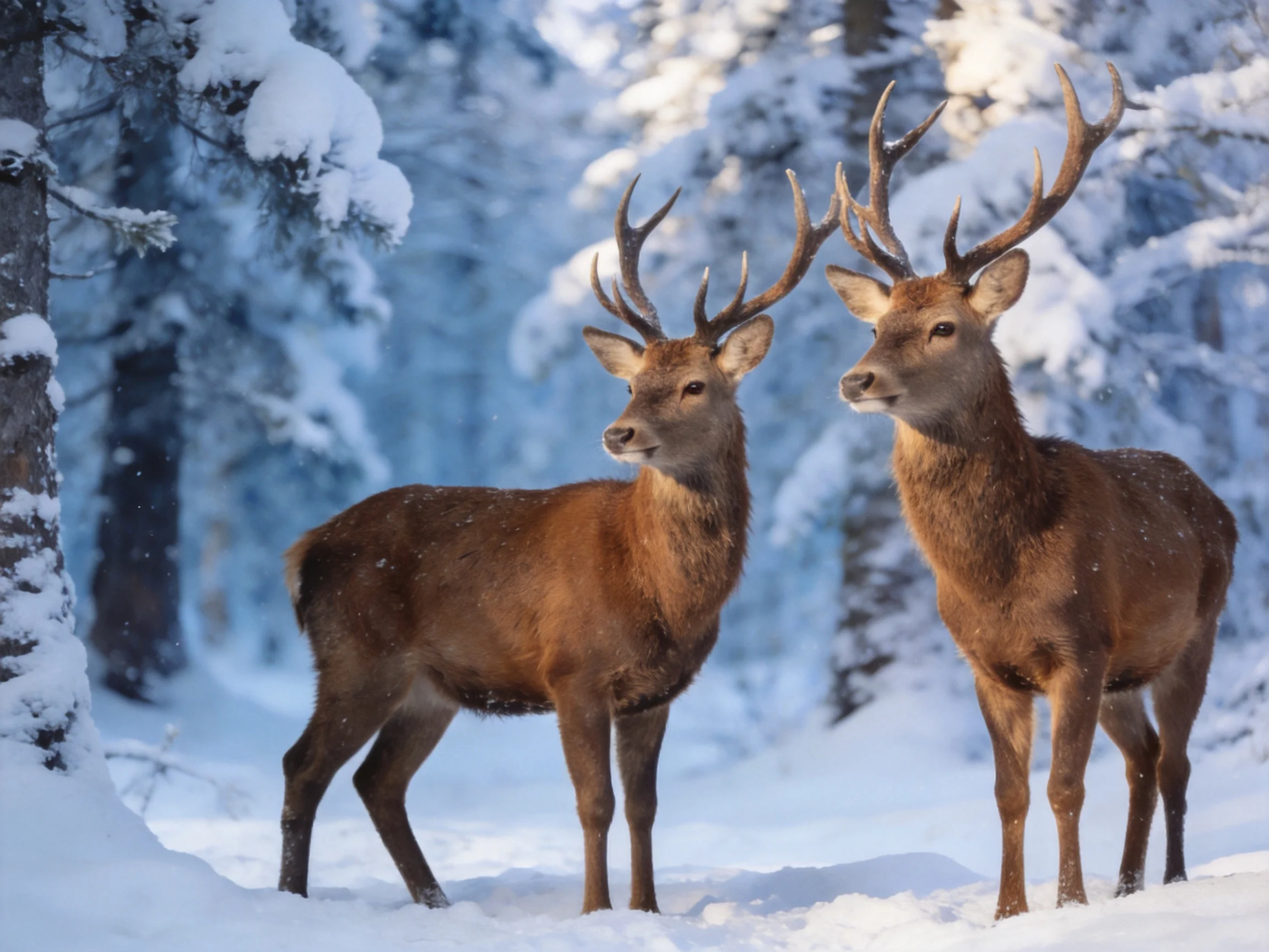 Two brown deer with antlers in a snowy forest