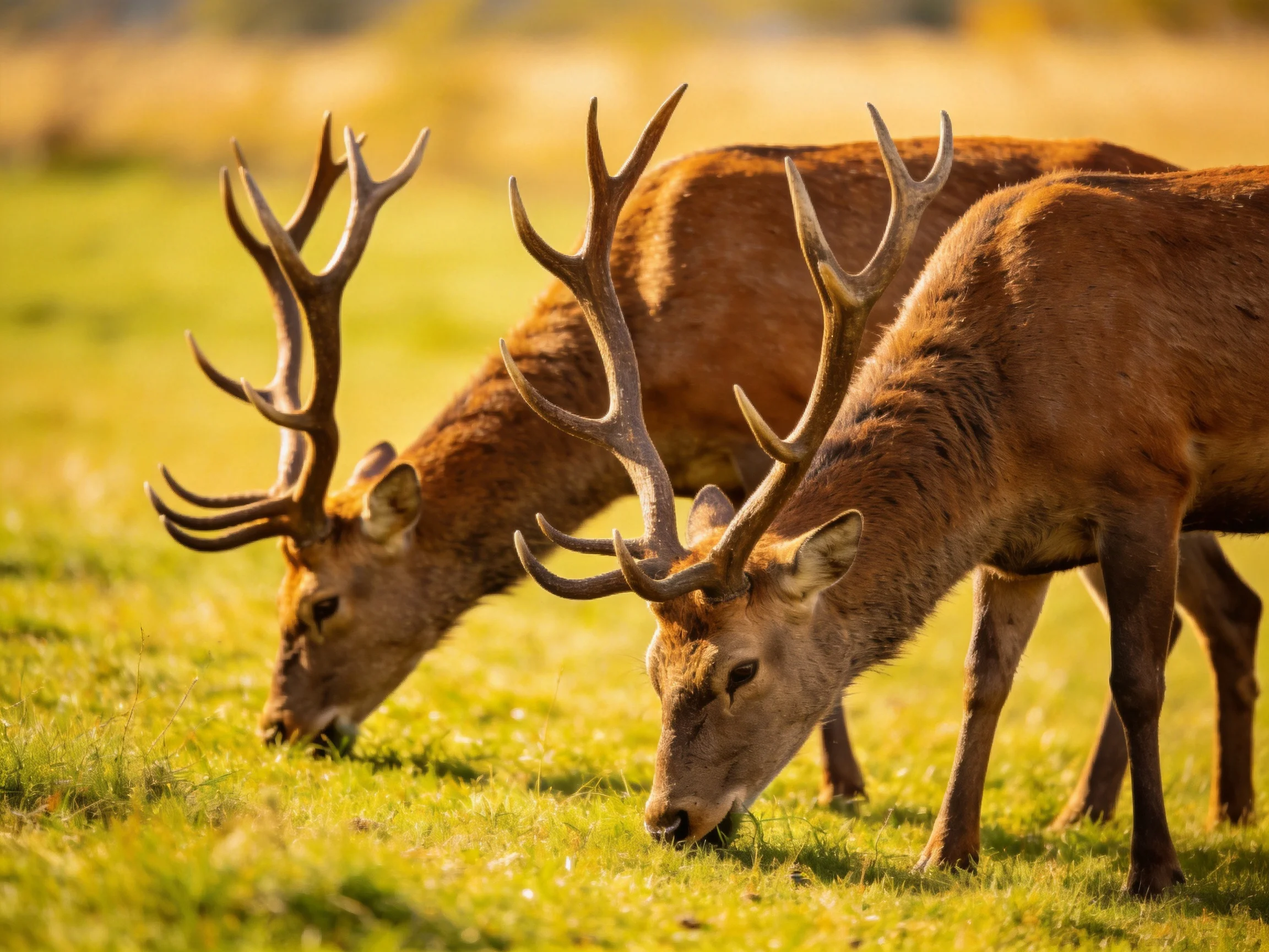 Two brown deer with large antlers graze in a sunlit meadow