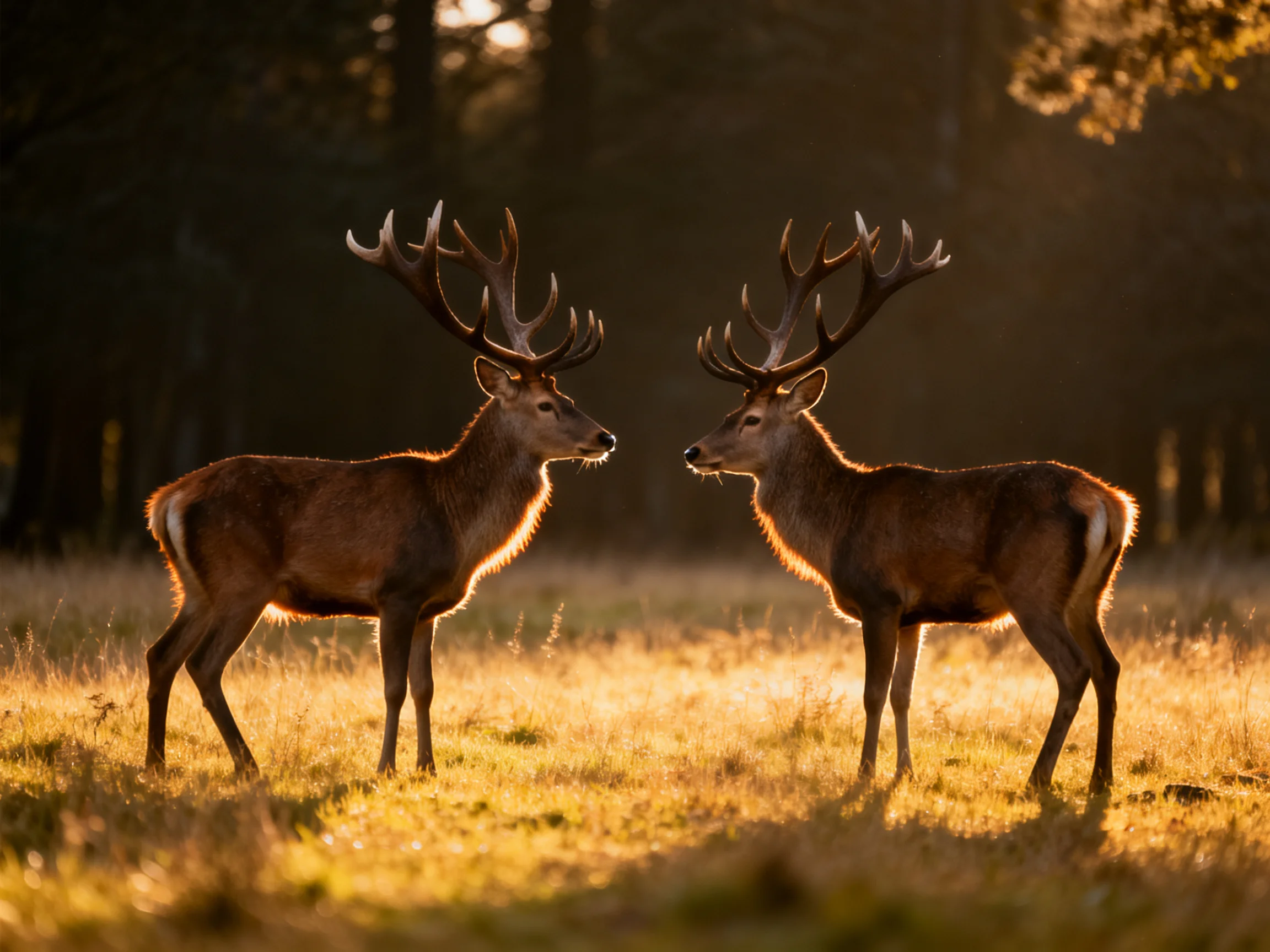 Two brown deer face each other in a sunlit meadow near dark trees.