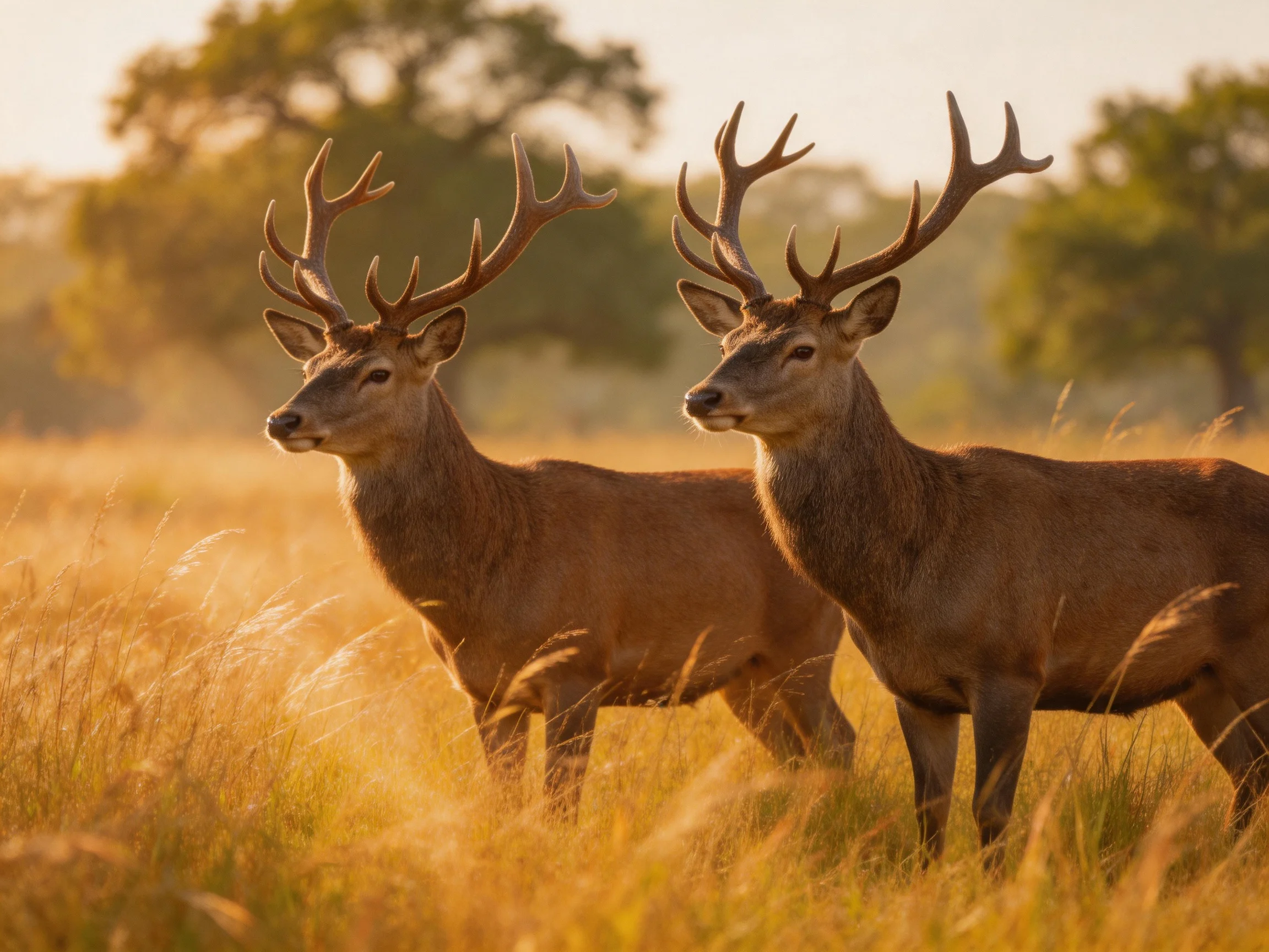 Two brown deer stand together in a sunlit golden meadow.