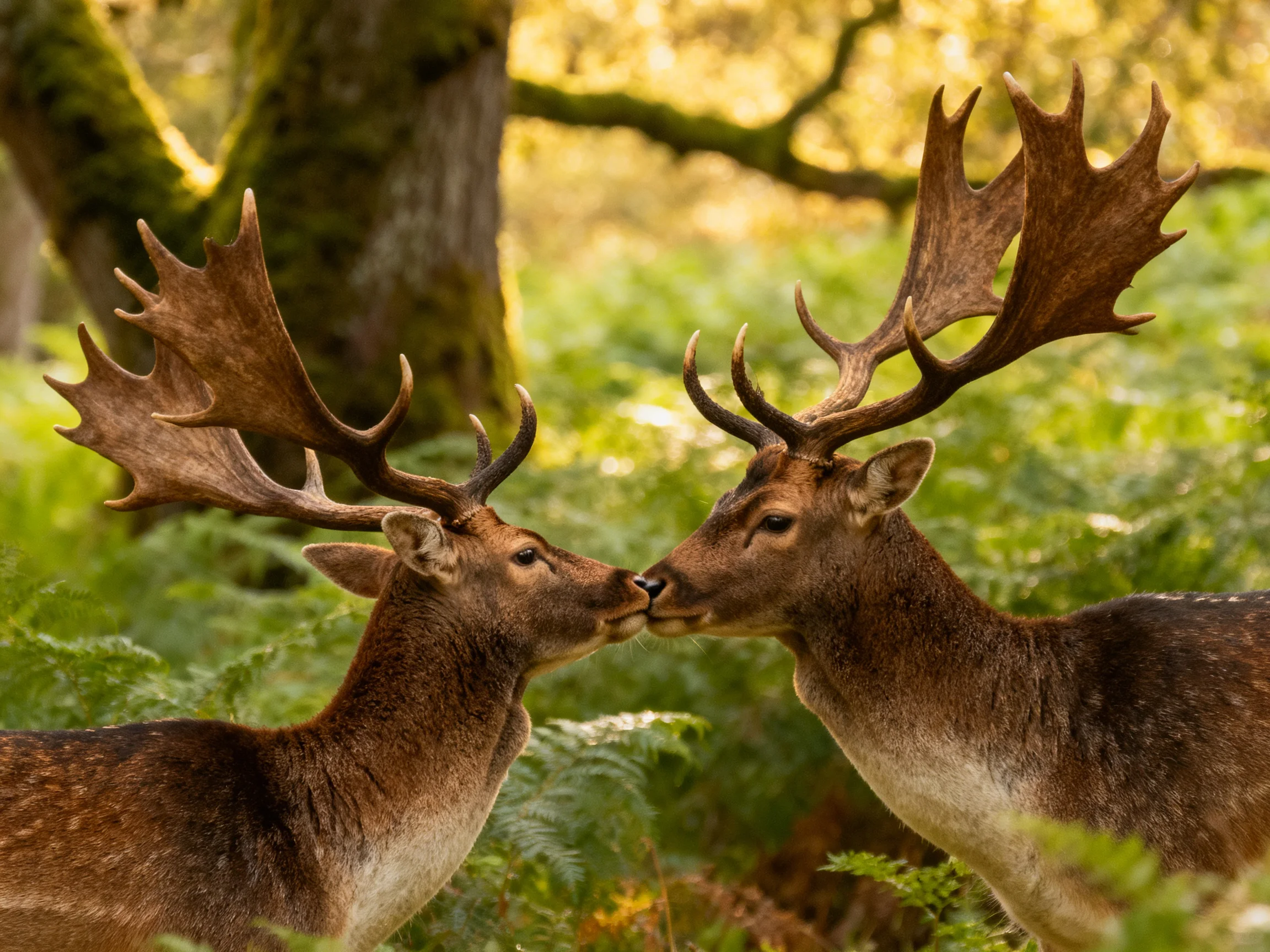 Two deer with large antlers share an intimate moment in a sunlit forest