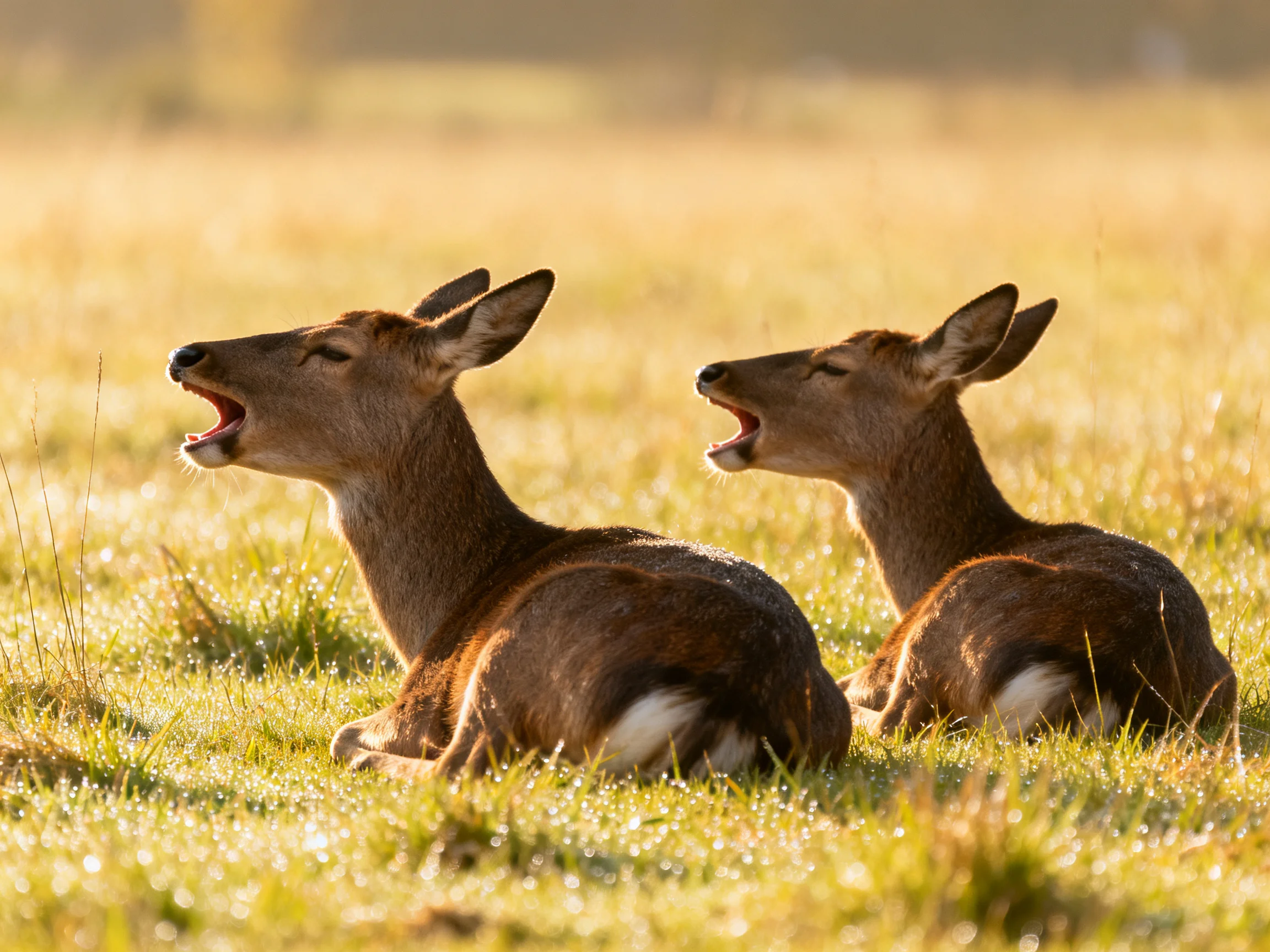 Two brown deer yawning in a sunlit grassy meadow