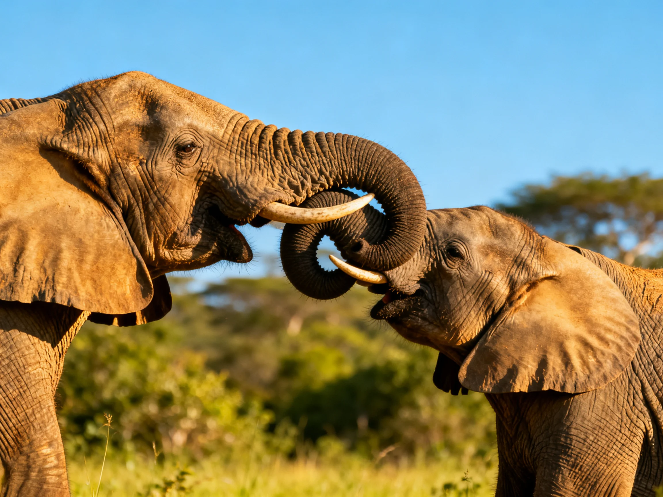 Two brown elephants connect with curved trunks in a sunlit savannah