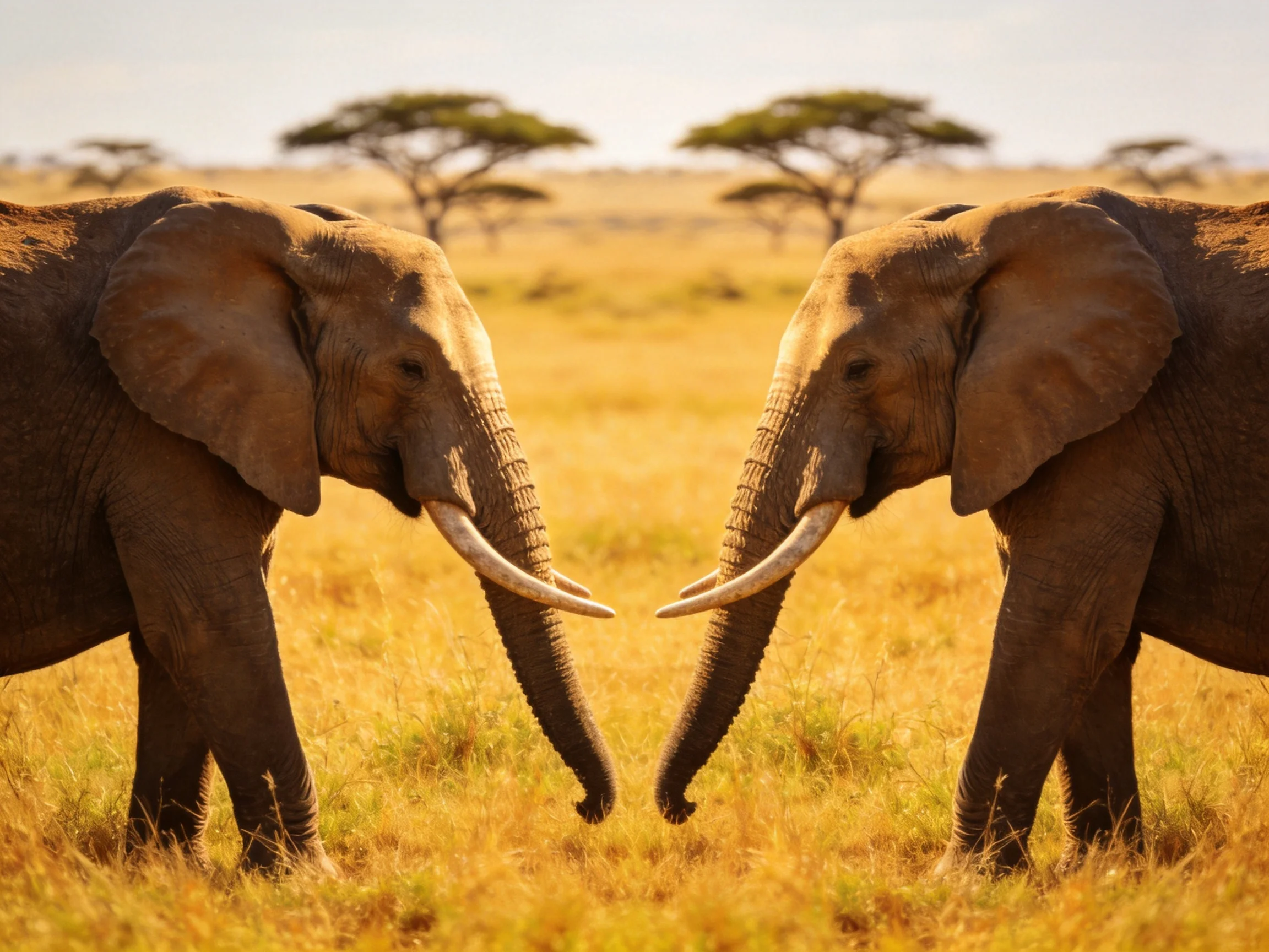 Two brown elephants face-to-face in golden savannah with acacia trees