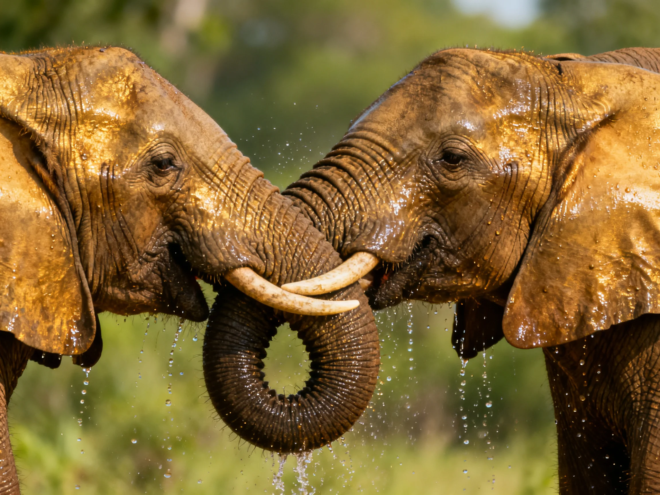 Two brown elephants interact closely with wet trunks and ivory tusks