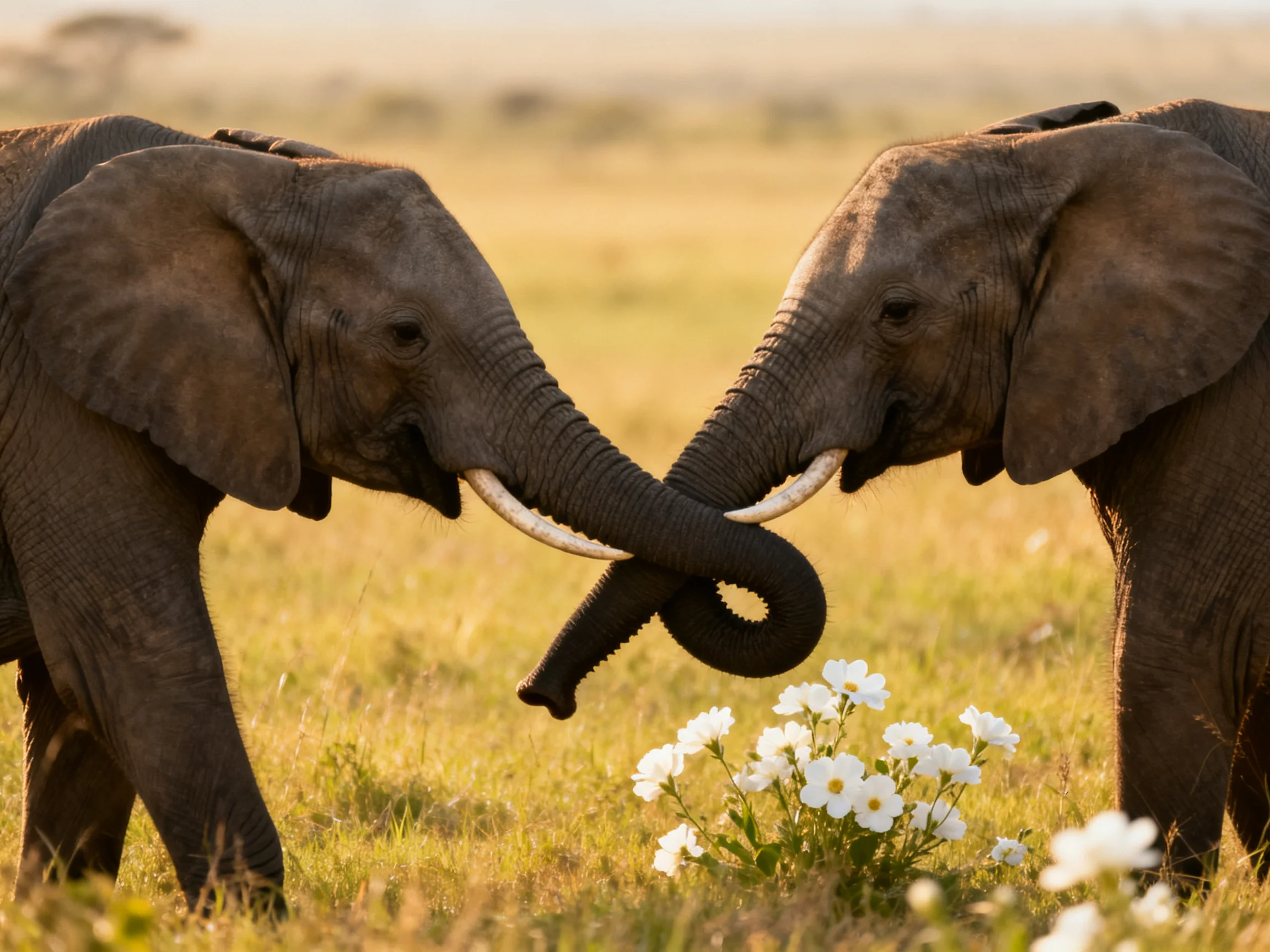 Two brown elephants intertwine trunks in sunlit savannah