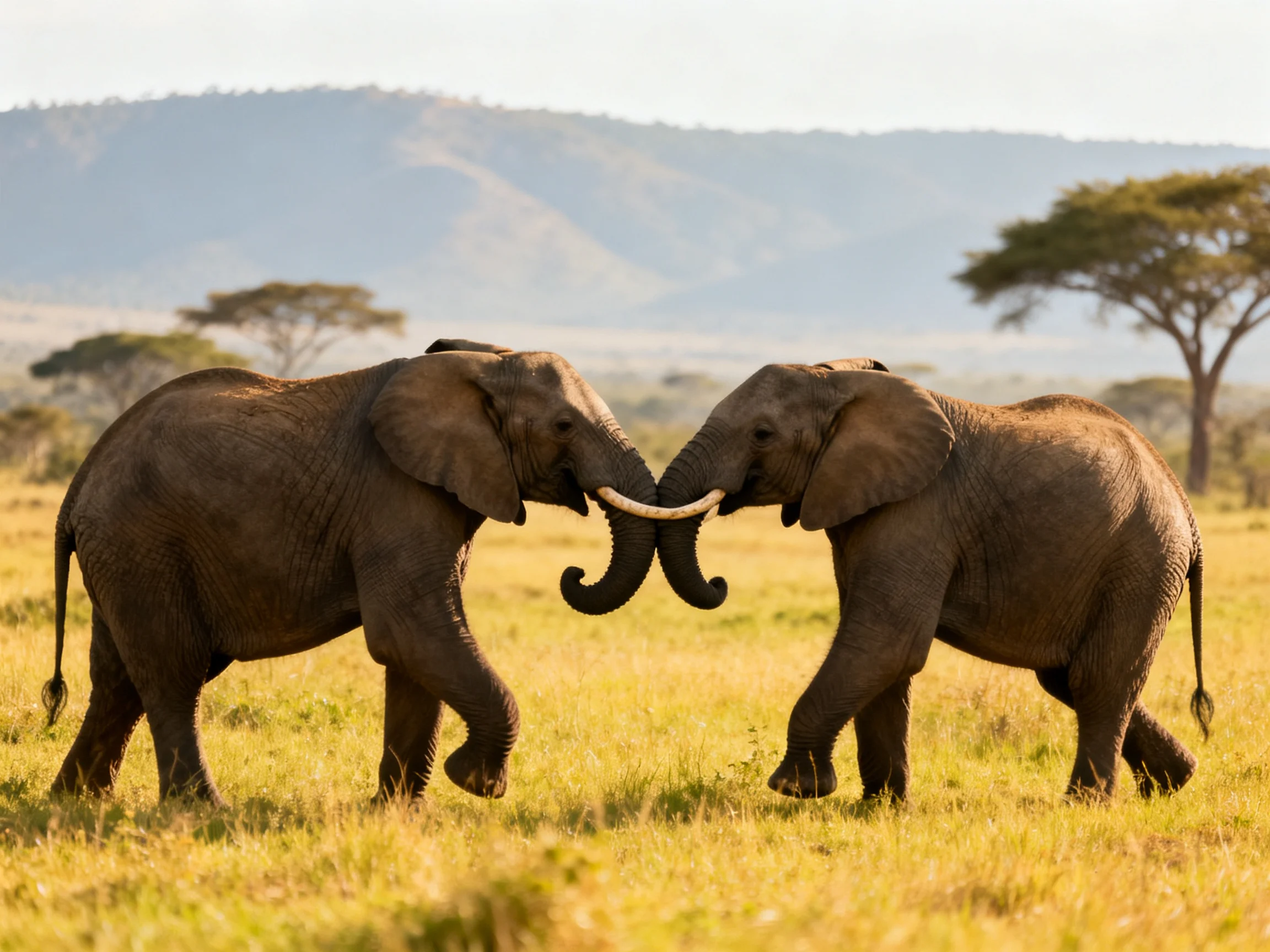 Two brown elephants playfully interact in a sunlit savannah
