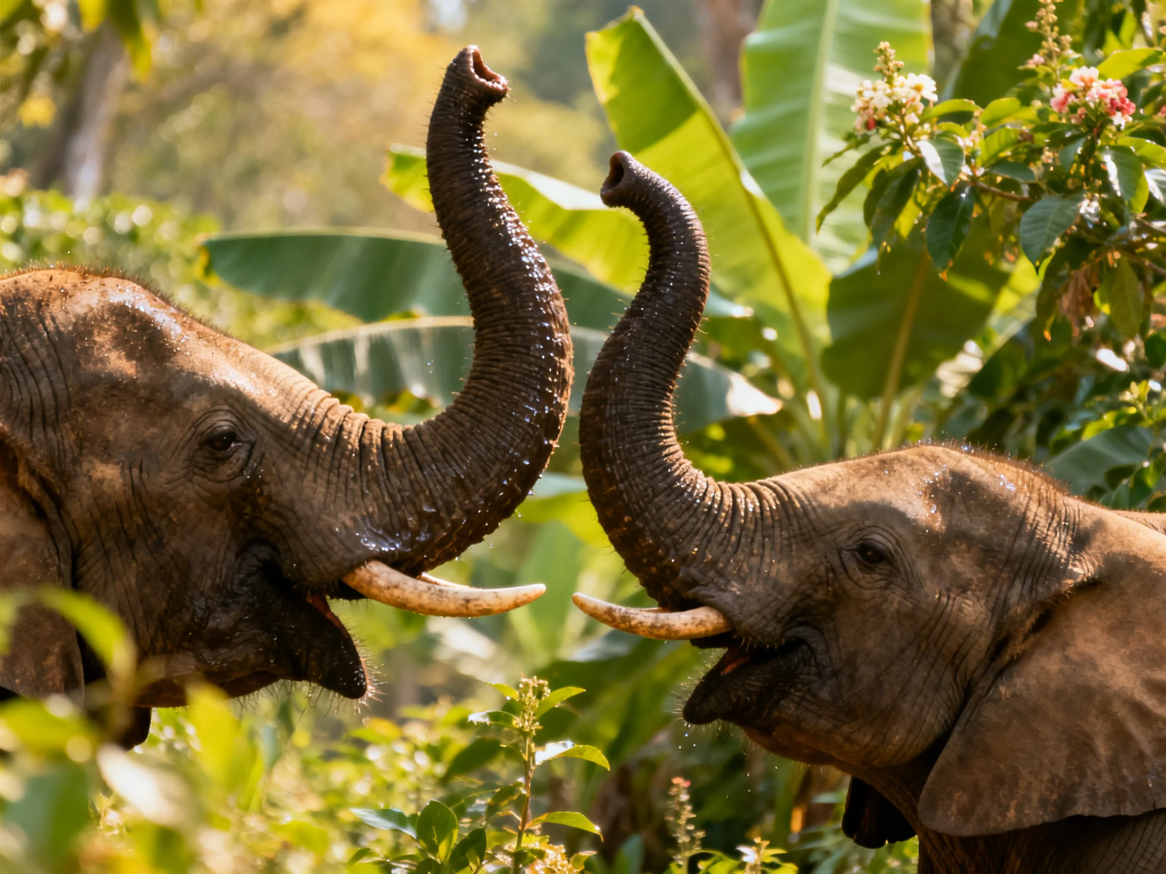 Two brown elephants raise trunks toward each other amid lush green foliage
