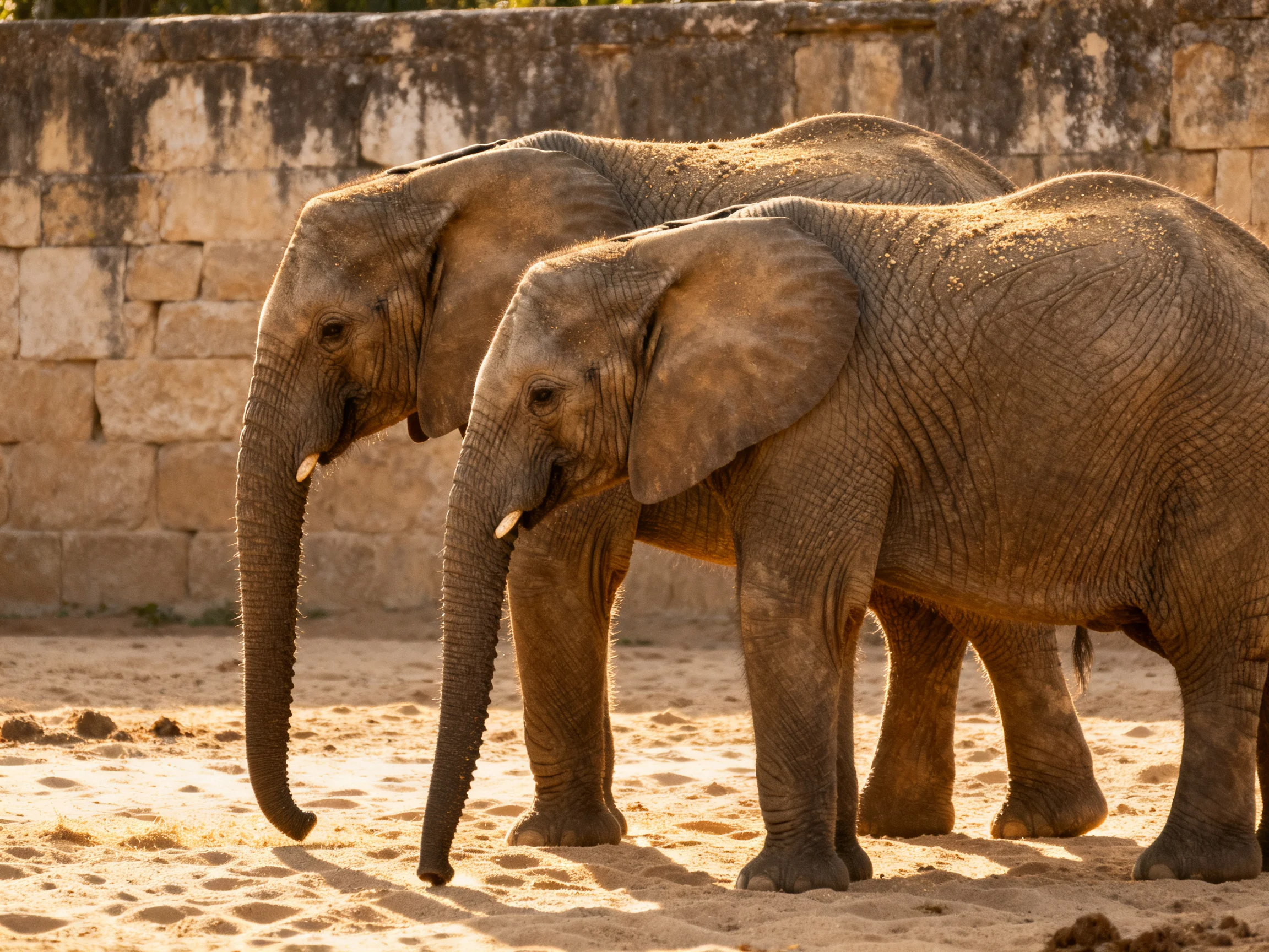Two brown elephants stand near an aged stone wall on sandy ground