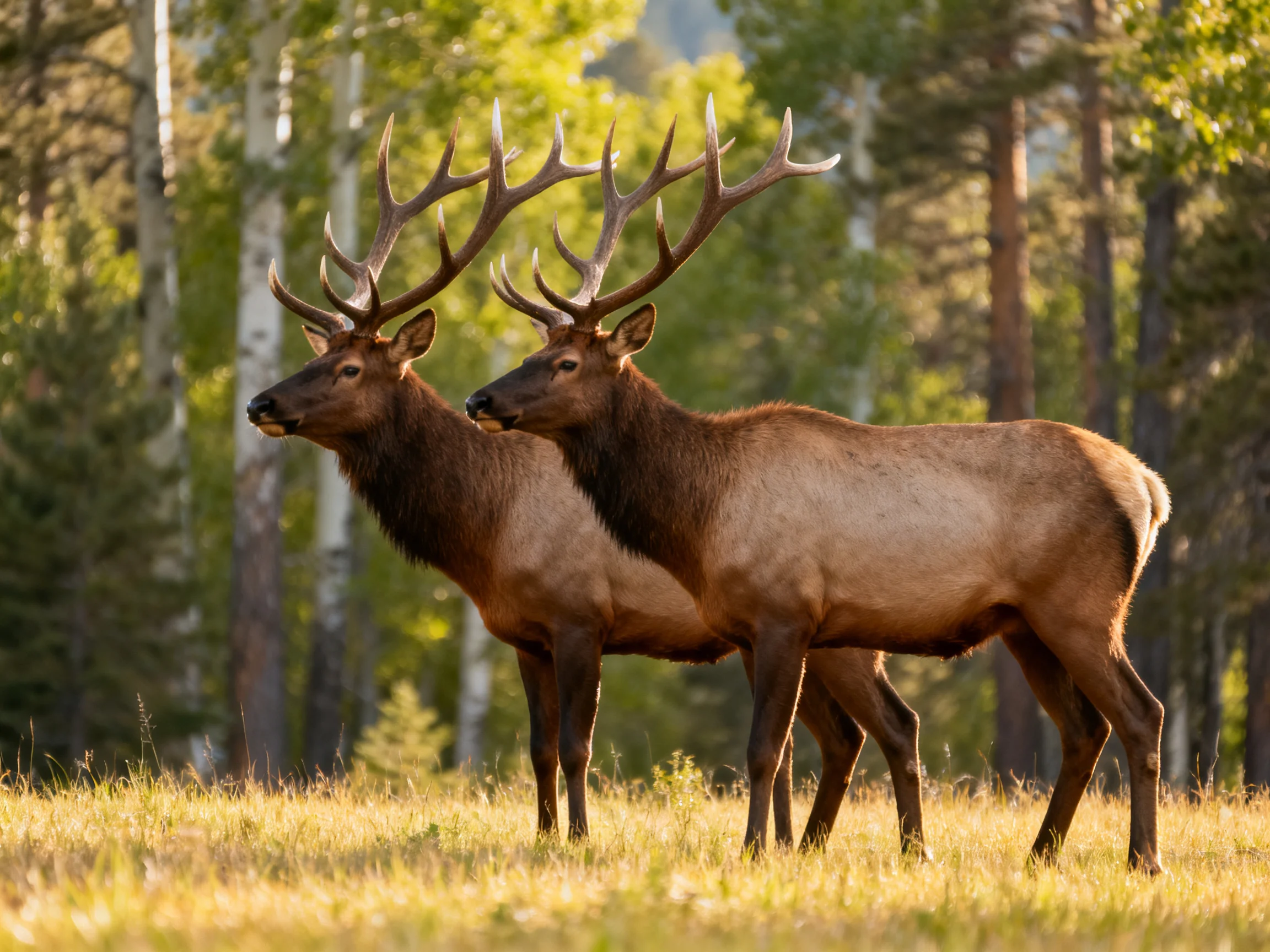 Two brown elk with massive antlers stand in a sunlit forest clearing