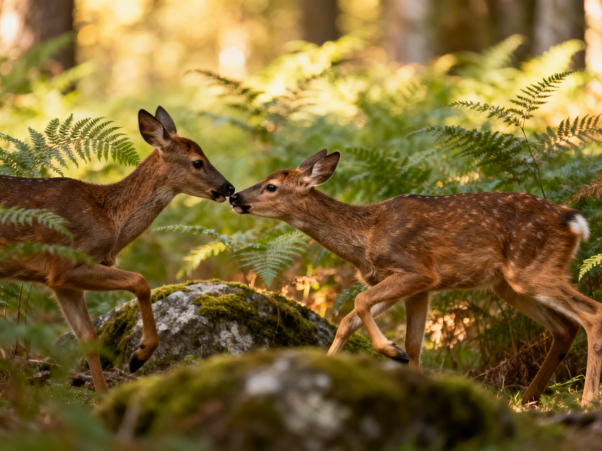 Two brown fawns nuzzling in a sun-dappled fern-filled forest