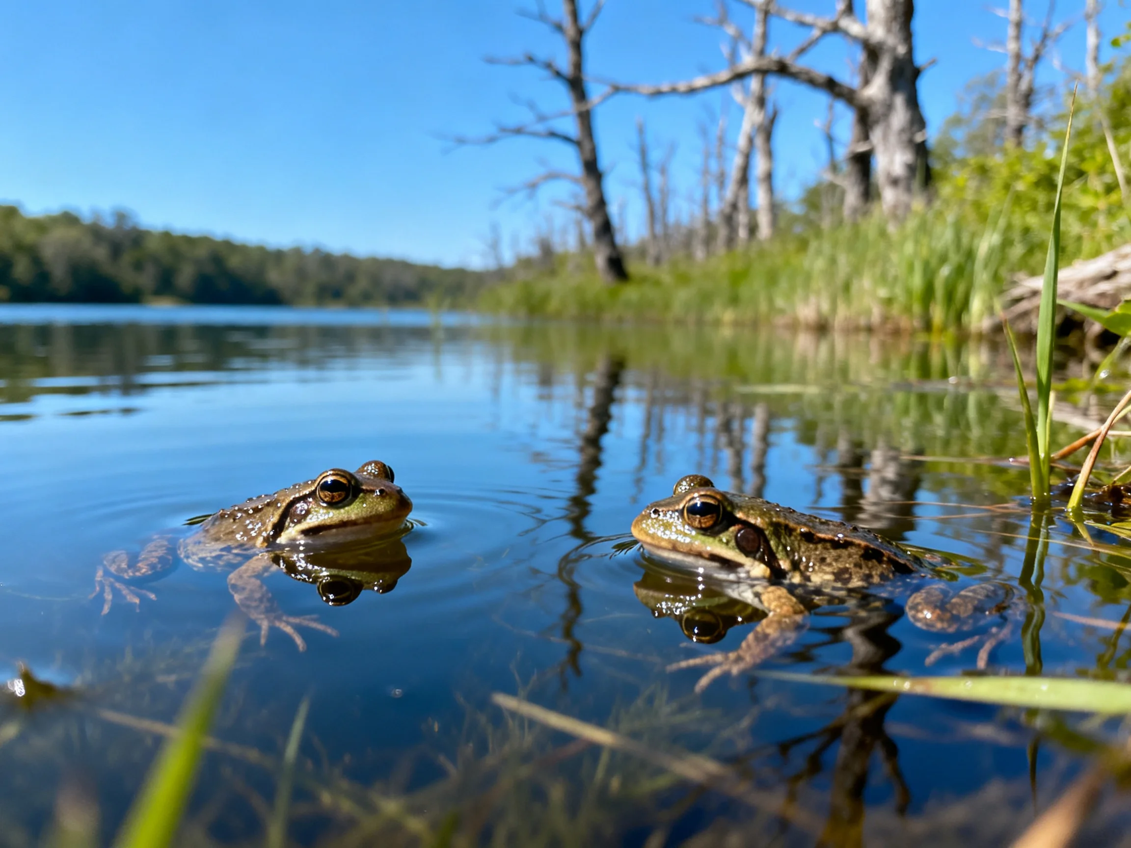 Two frogs rest in still lake water adjacent to shoreline vegetation.