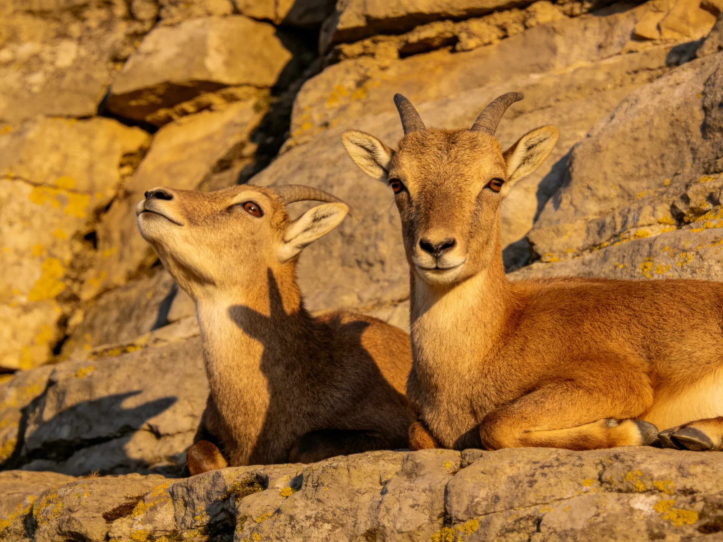 Two brown goats rest on rocky cliffs with yellow lichen