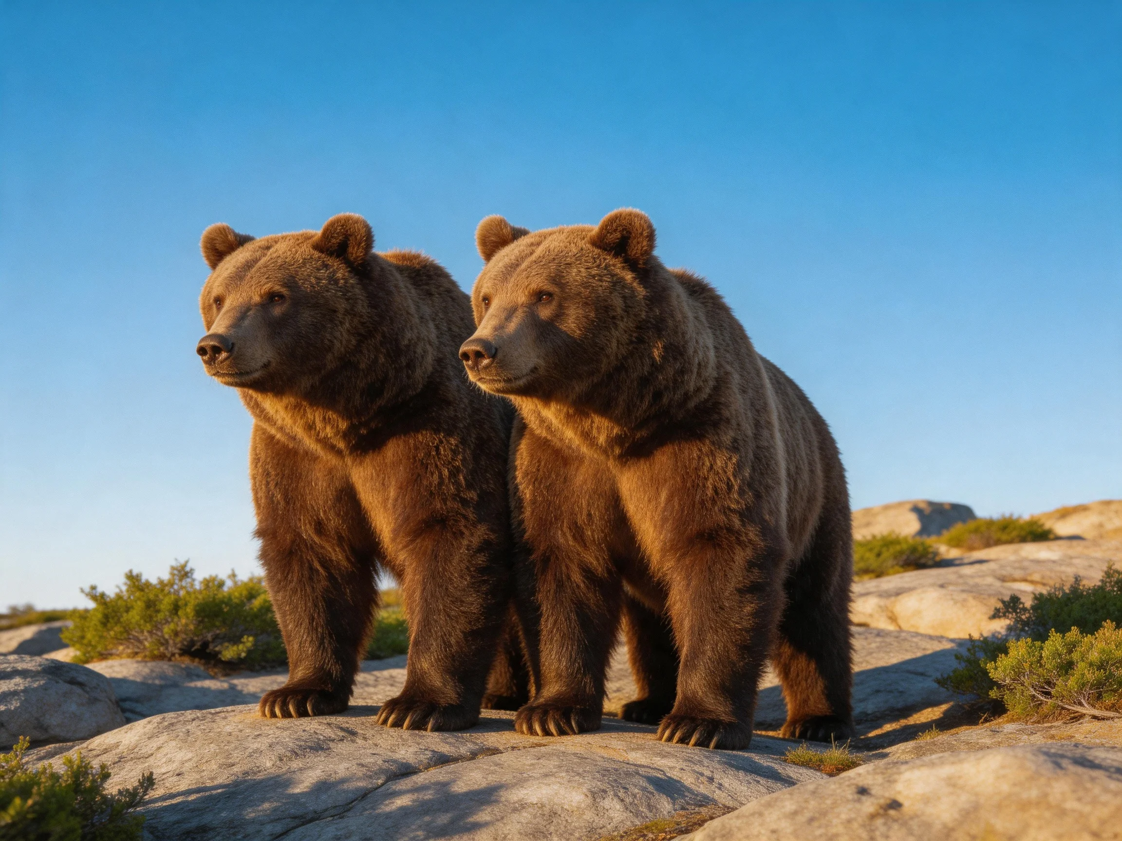 Two brown grizzly bears stand on rocky terrain beneath a clear blue sky