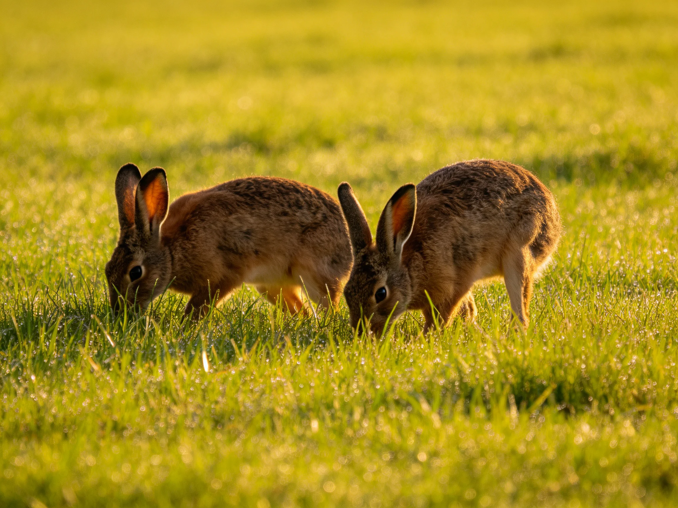 Two brown hares graze in a sunlit green meadow