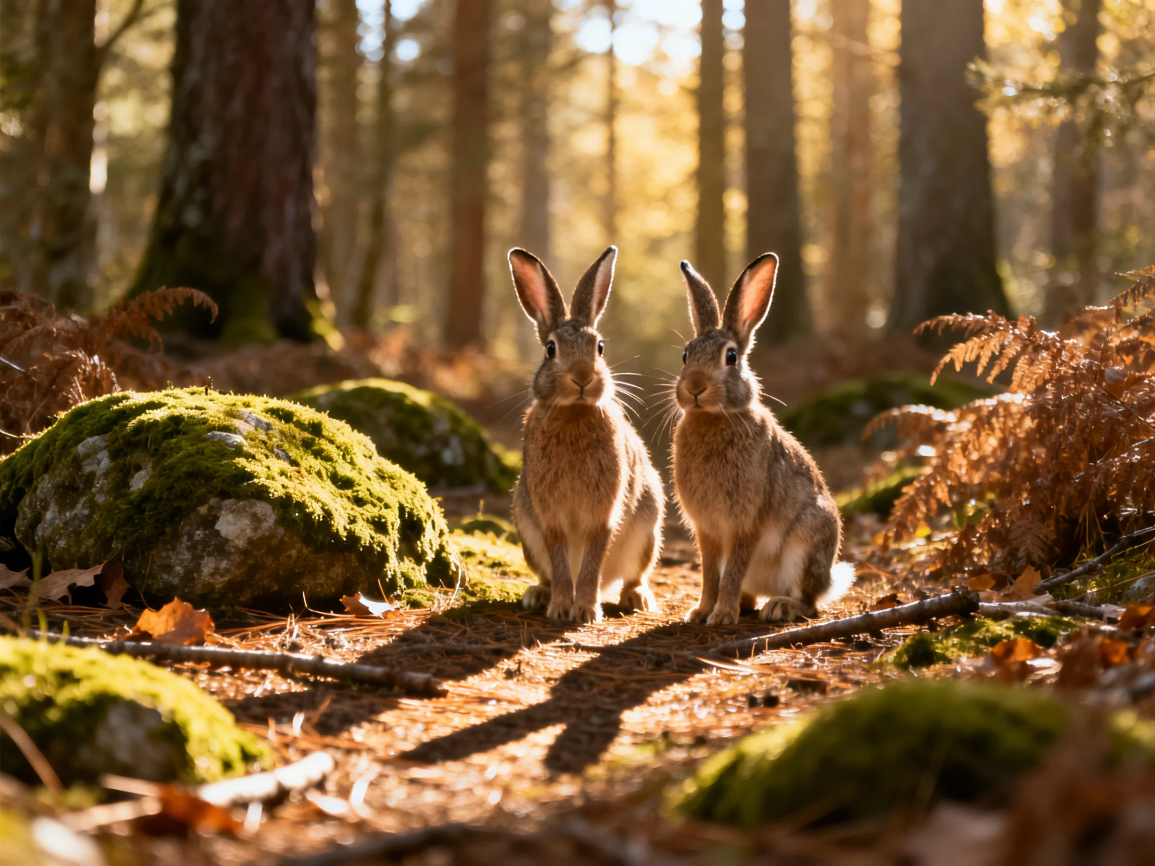 Two brown hares sit amid mossy rocks in a sun-dappled forest