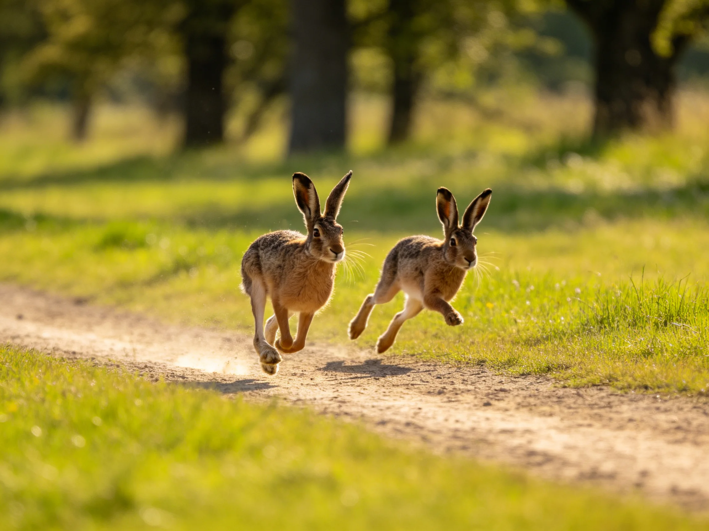 Two brown hares sprint along a sunlit dirt path near trees