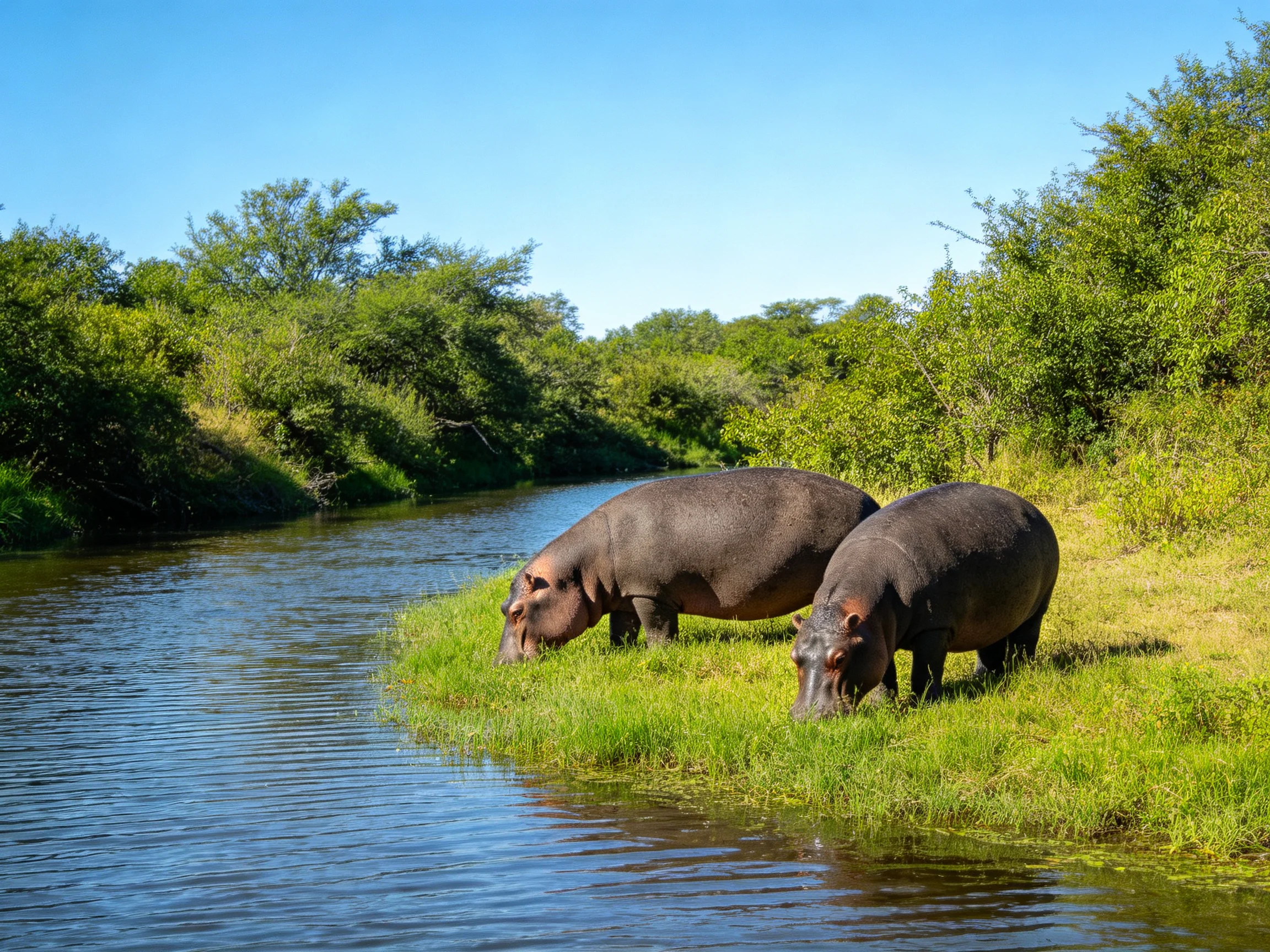 Two brown hippos graze by a calm blue river with lush green banks