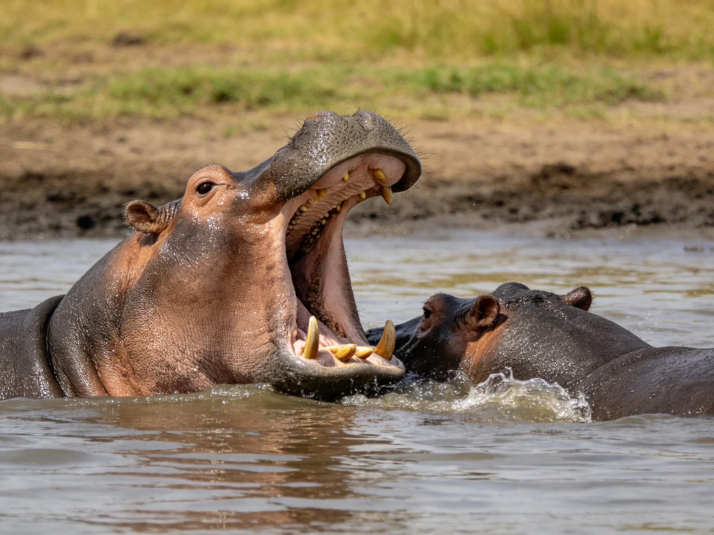 Two brown hippos interact in shallow water with one showing large teeth