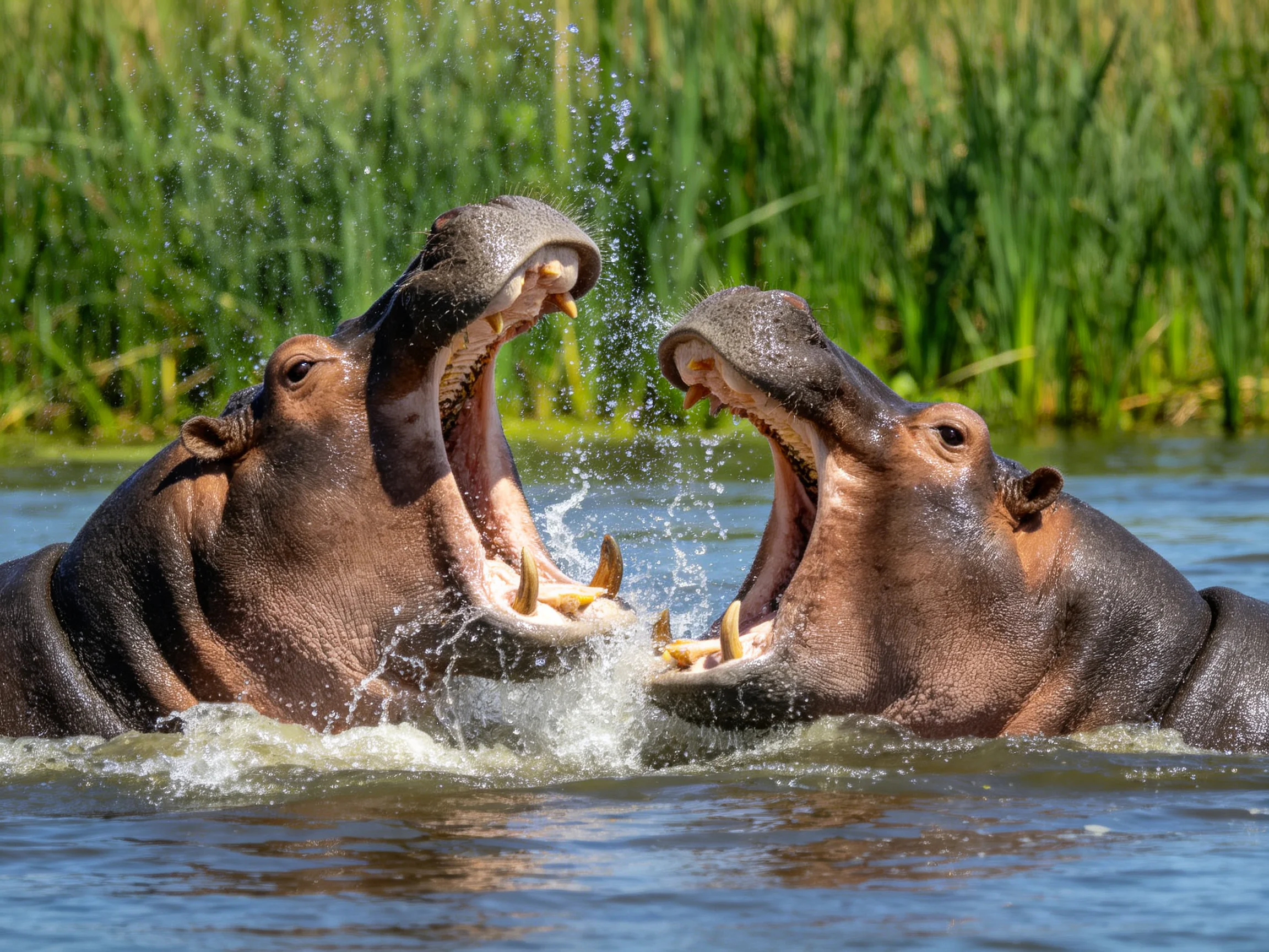 Two brown hippos sparring in blue water near lush green reeds