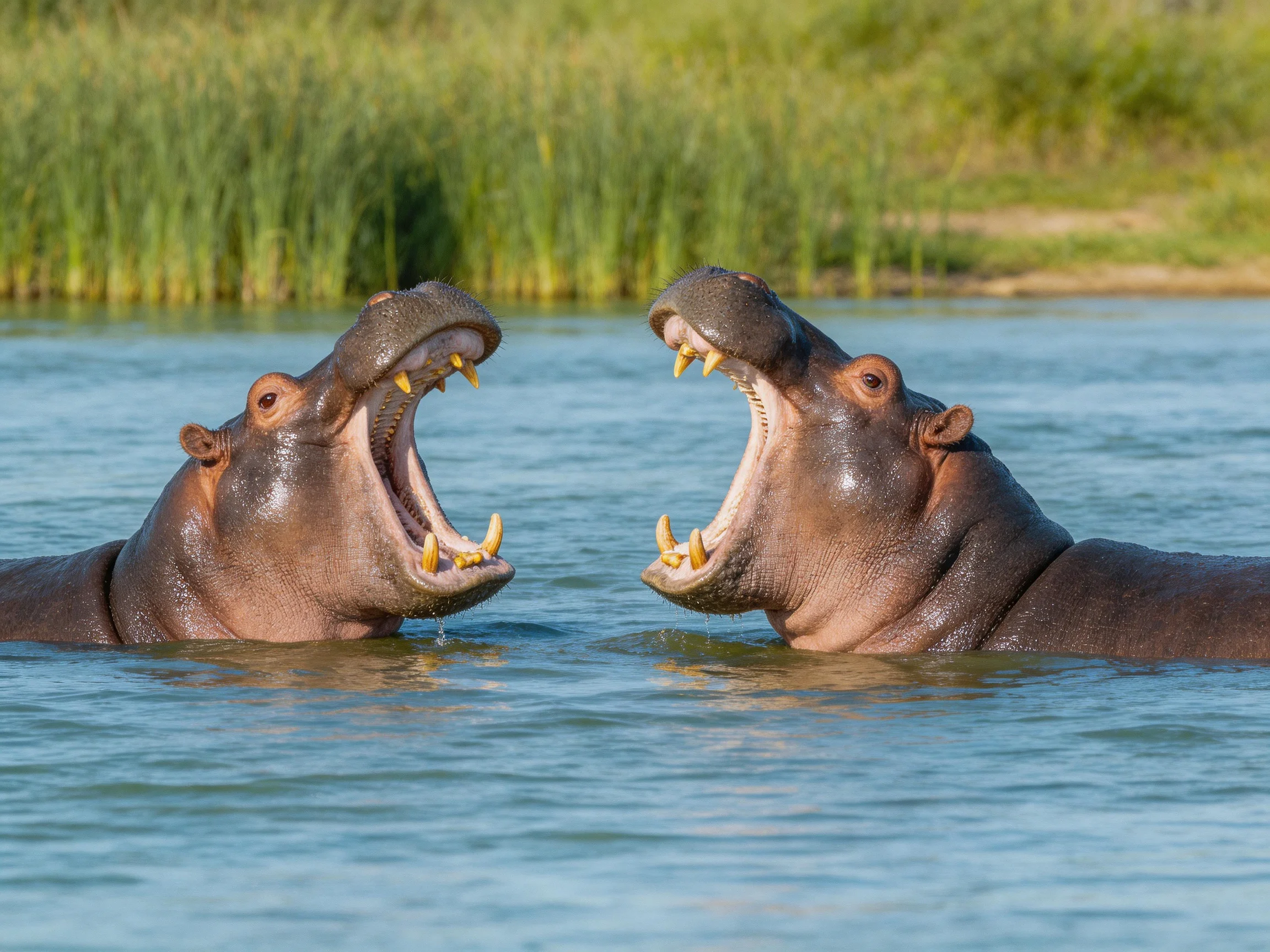 Two hippos interact with open mouths in a body of water.