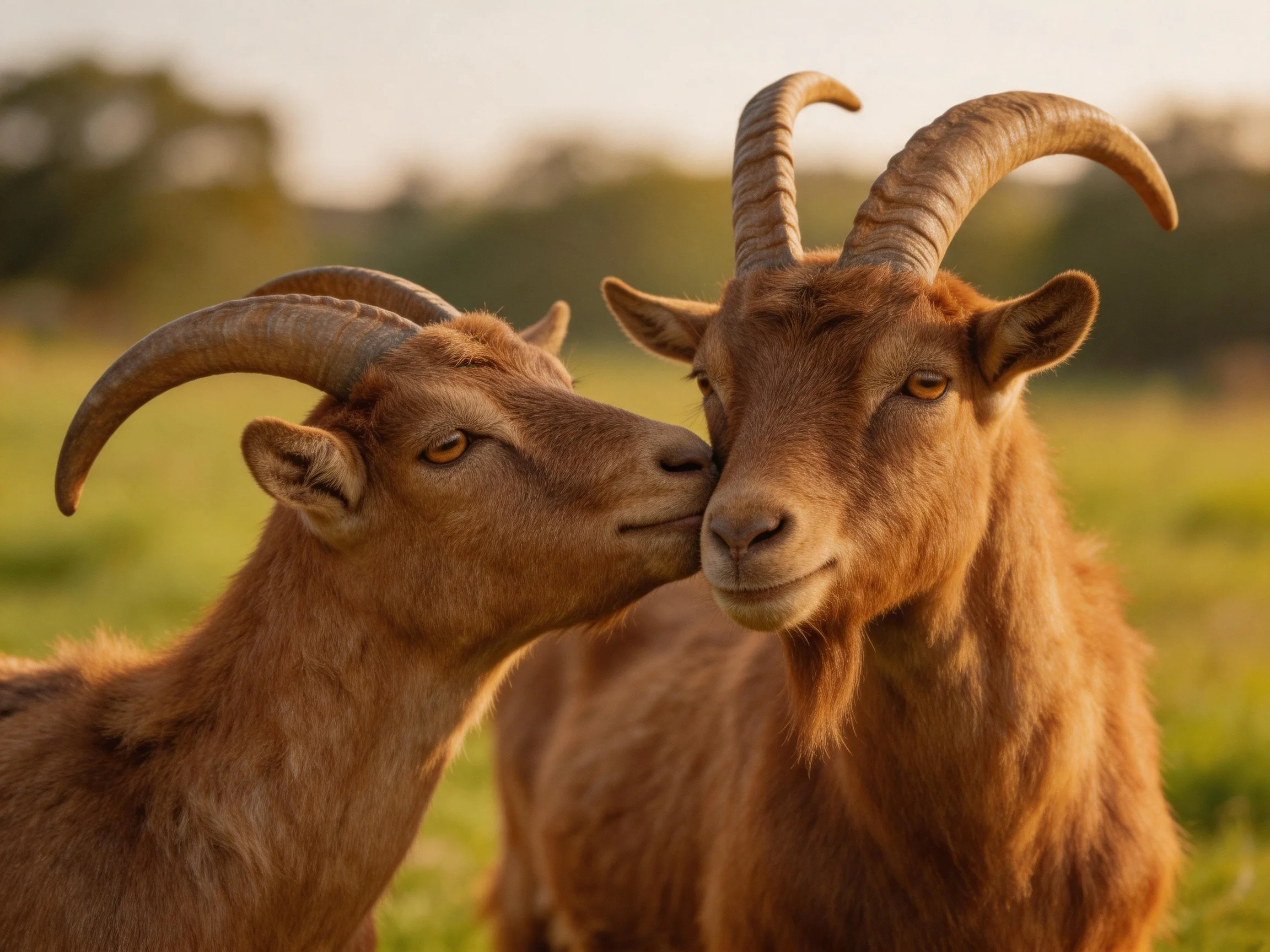 Two brown horned goats nuzzling in a sunlit meadow