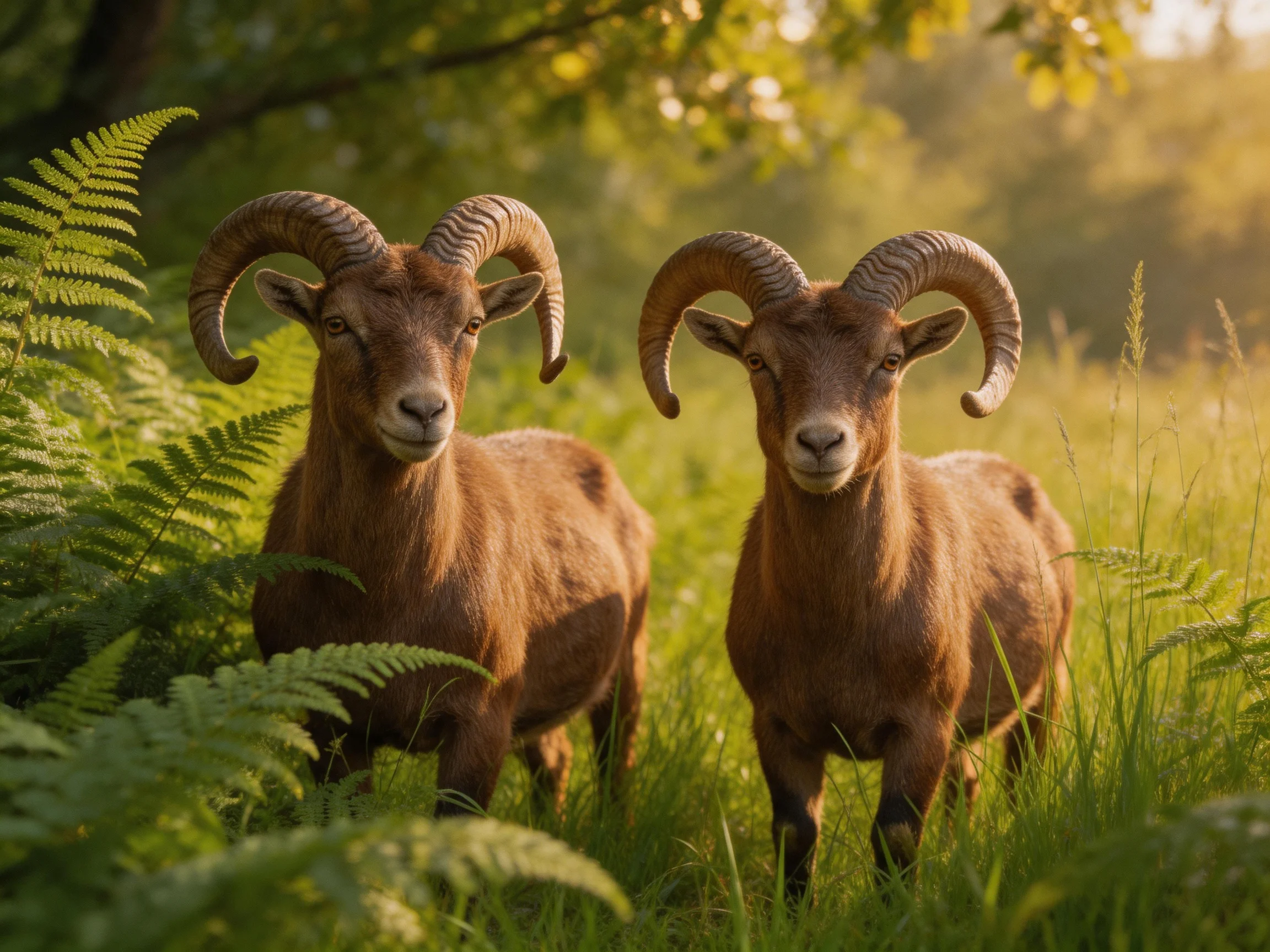 Two brown-horned goats stand among lush green ferns in a sunlit meadow