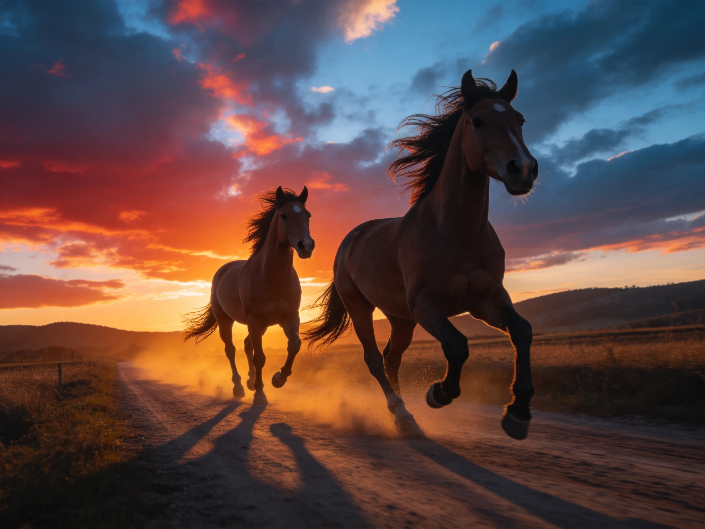 Two brown horses gallop on a dusty path under a vibrant sunset sky