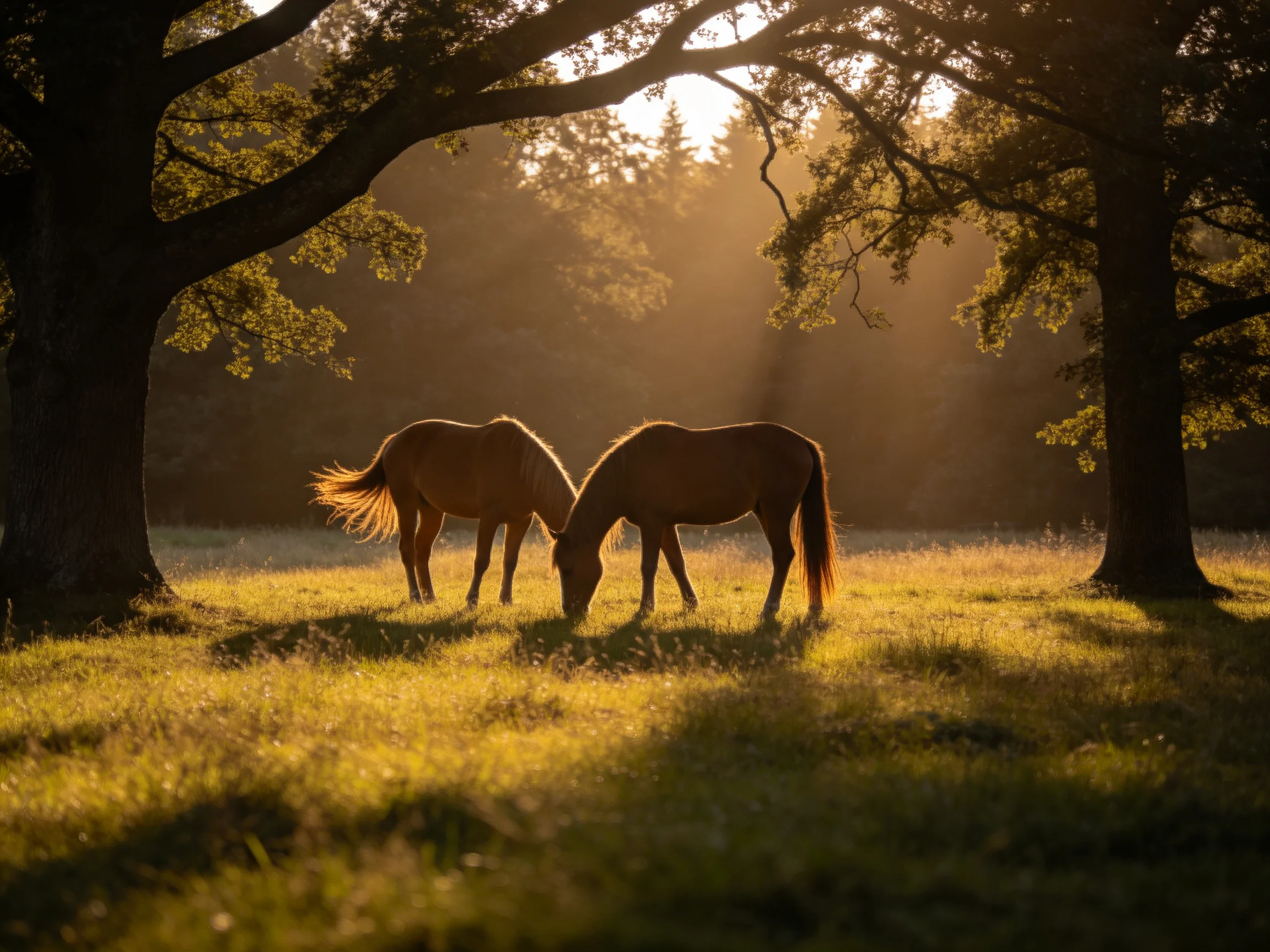 Two brown horses graze in a sunlit meadow near large trees